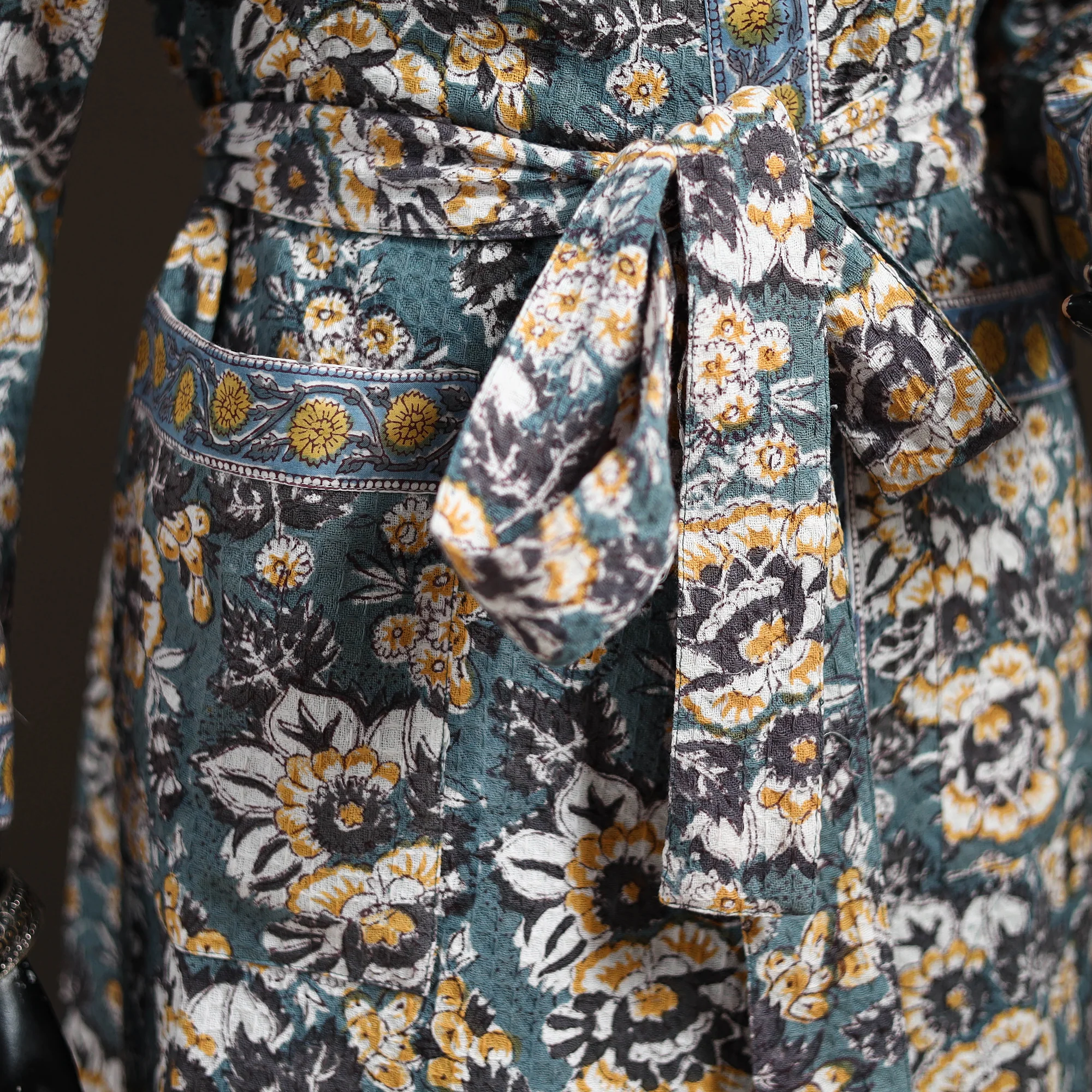 Multicolor - Sanganeri Hand Block Print Waffle Weave Cotton Bath Robe 14 - Image 4