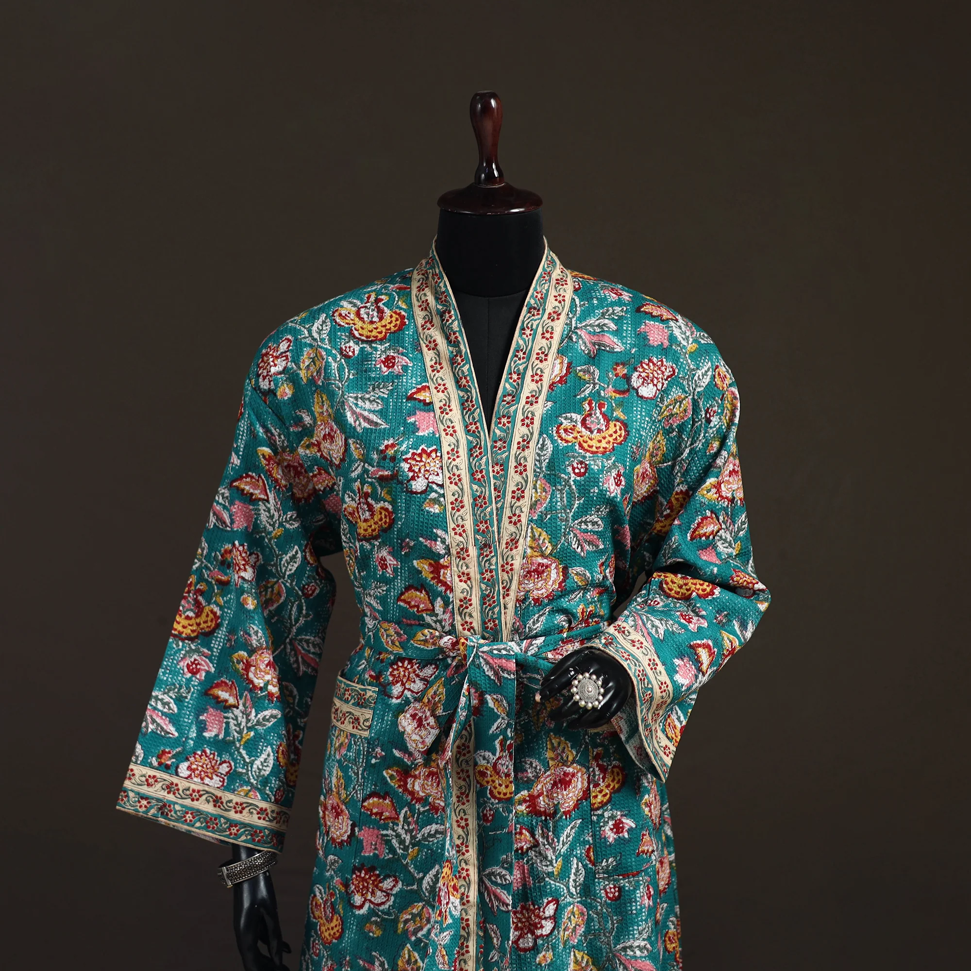 Green - Sanganeri Hand Block Print Waffle Weave Cotton Bath Robe 17 - Image 2