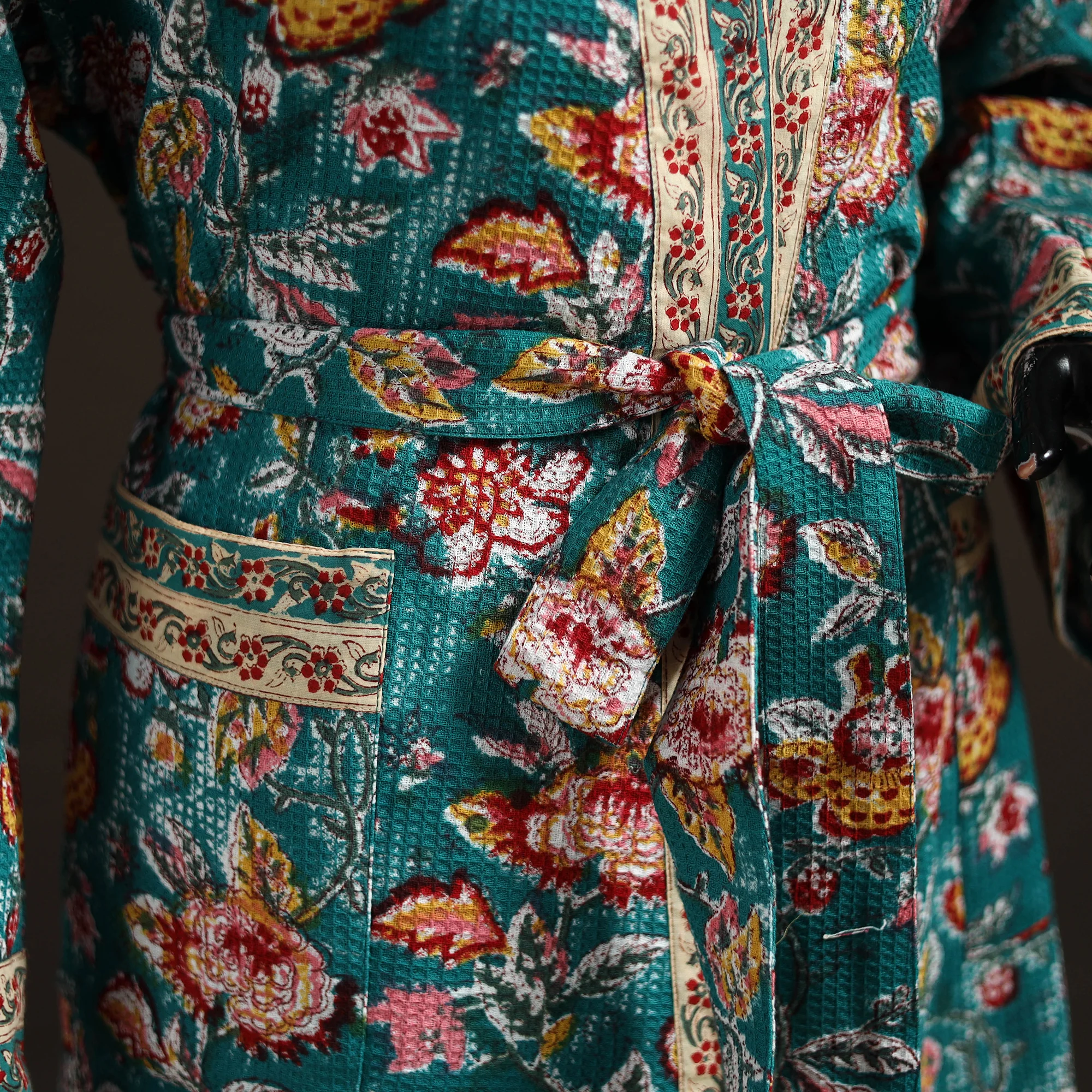 Green - Sanganeri Hand Block Print Waffle Weave Cotton Bath Robe 17 - Image 4