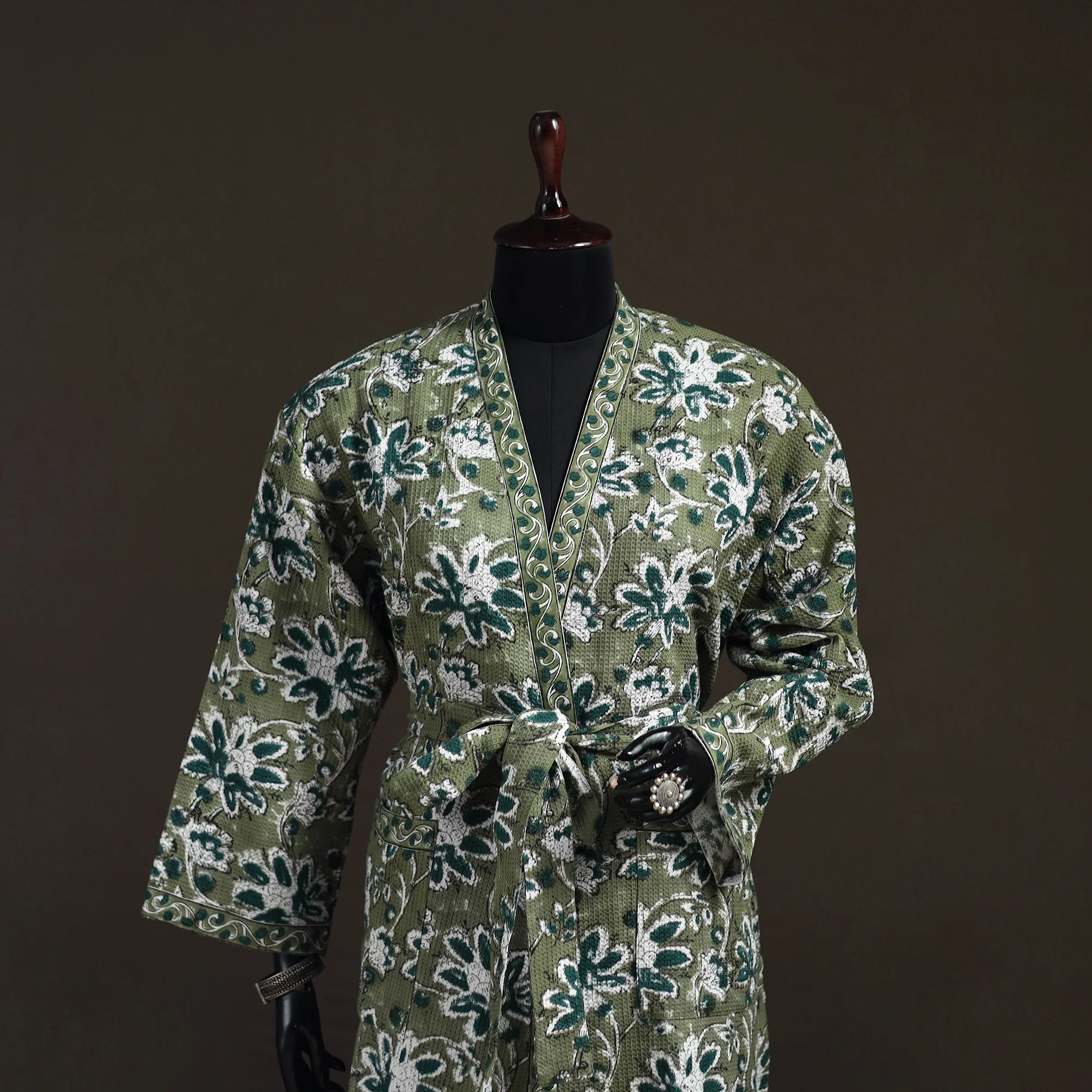Green - Sanganeri Hand Block Print Waffle Weave Cotton Bath Robe 18 - Image 2