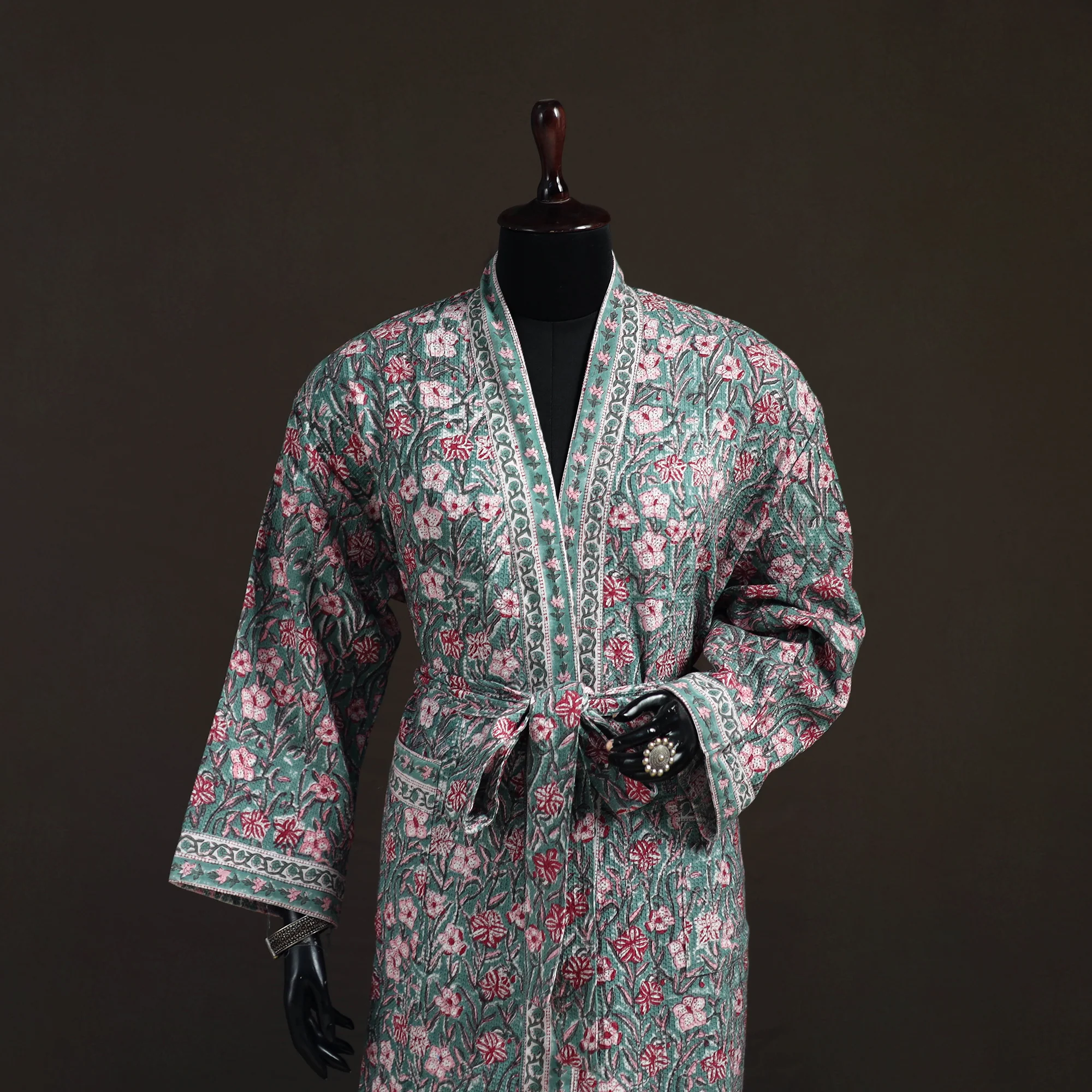 Green - Sanganeri Hand Block Print Waffle Weave Cotton Bath Robe 19 - Image 2