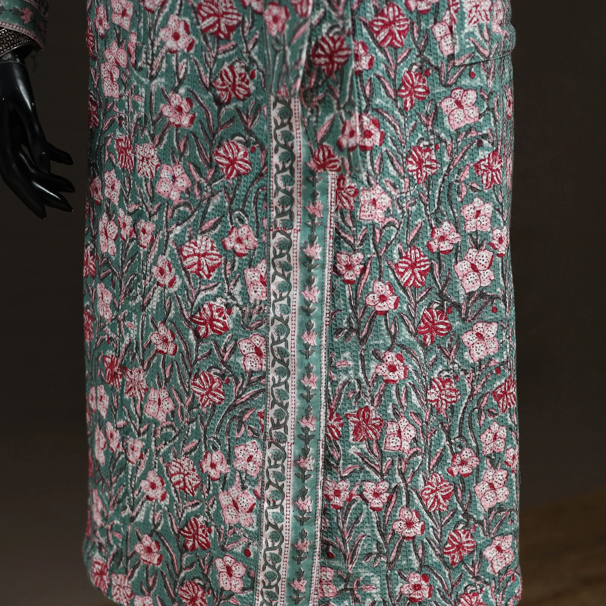 Green - Sanganeri Hand Block Print Waffle Weave Cotton Bath Robe 19 - Image 3