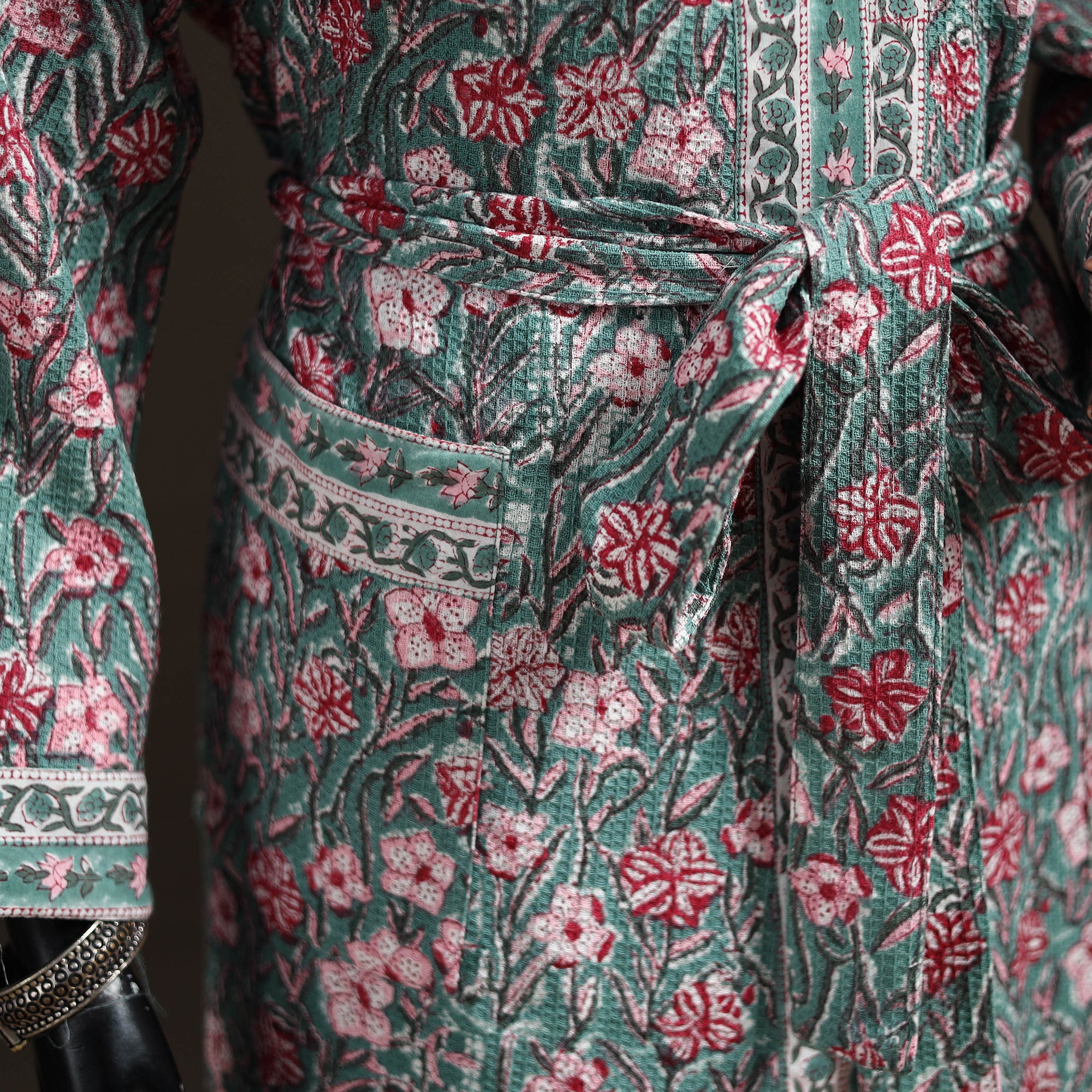 Green - Sanganeri Hand Block Print Waffle Weave Cotton Bath Robe 19 - Image 4