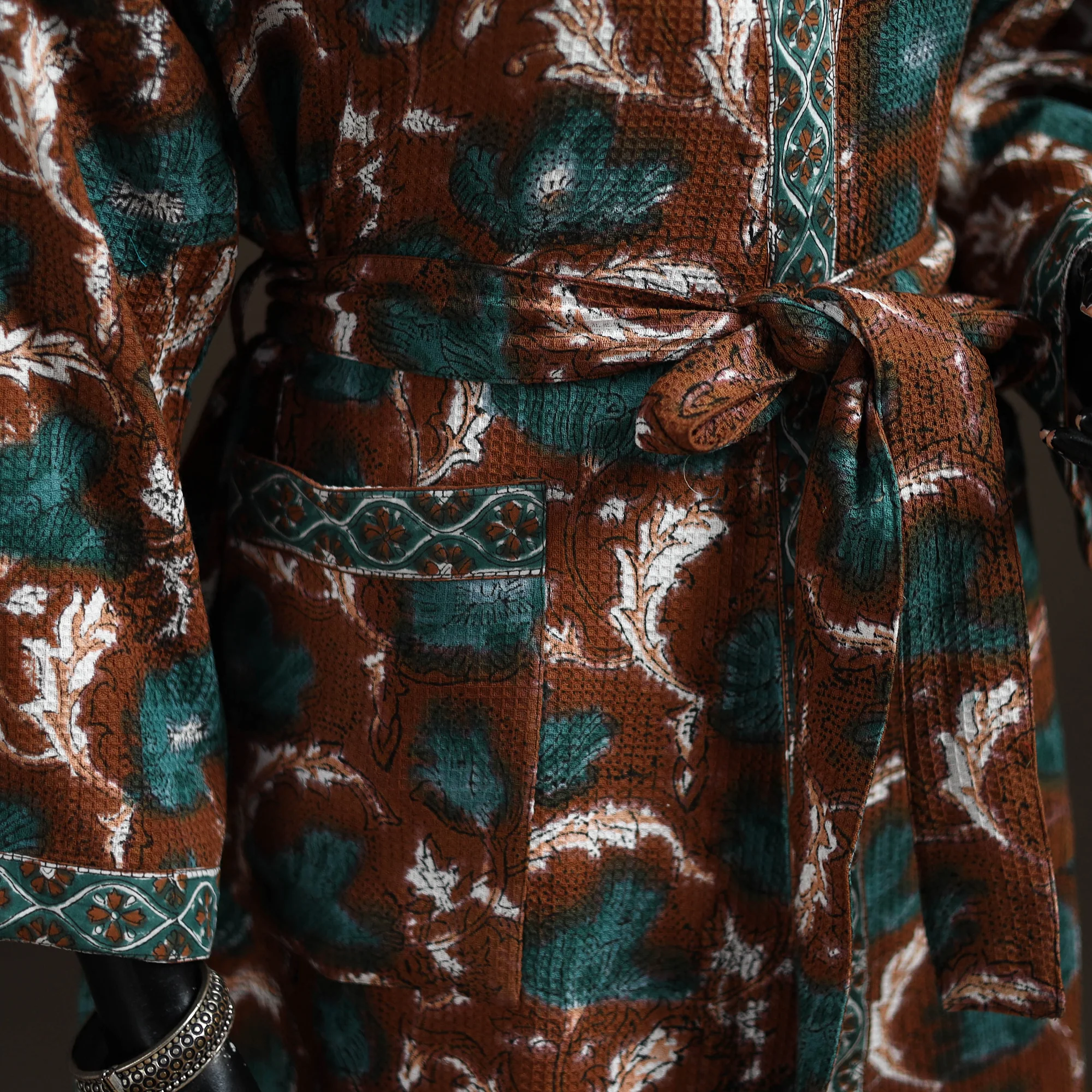 Brown - Sanganeri Hand Block Print Waffle Weave Cotton Bath Robe 22 - Image 4