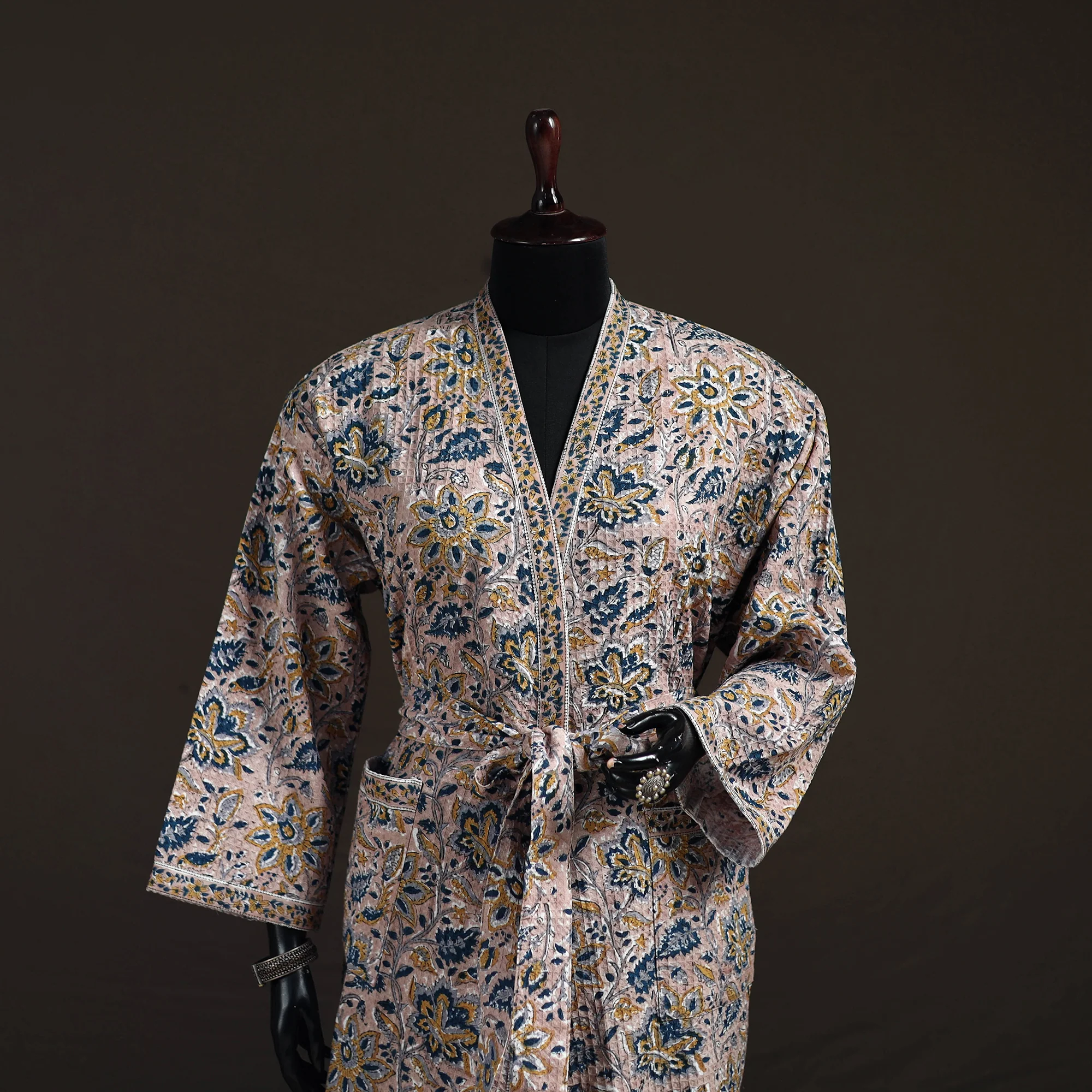 Beige - Sanganeri Hand Block Print Waffle Weave Cotton Bath Robe 23 - Image 2