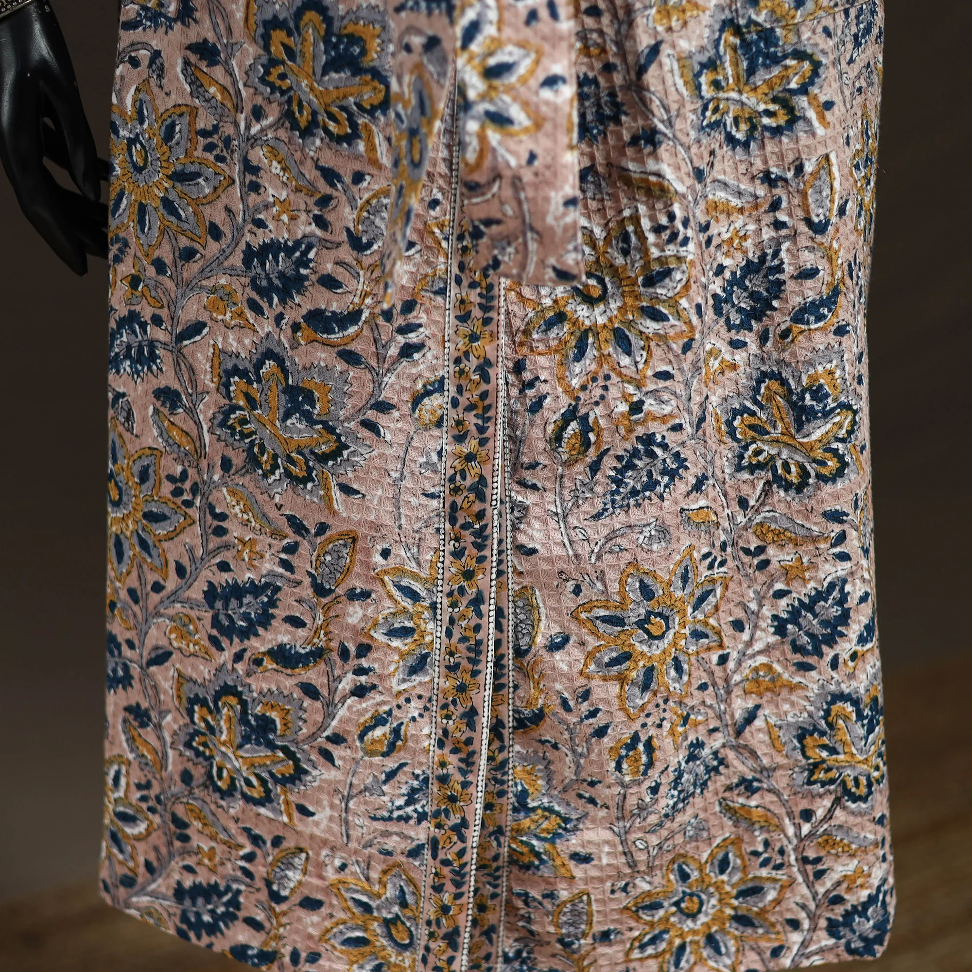Beige - Sanganeri Hand Block Print Waffle Weave Cotton Bath Robe 23 - Image 3