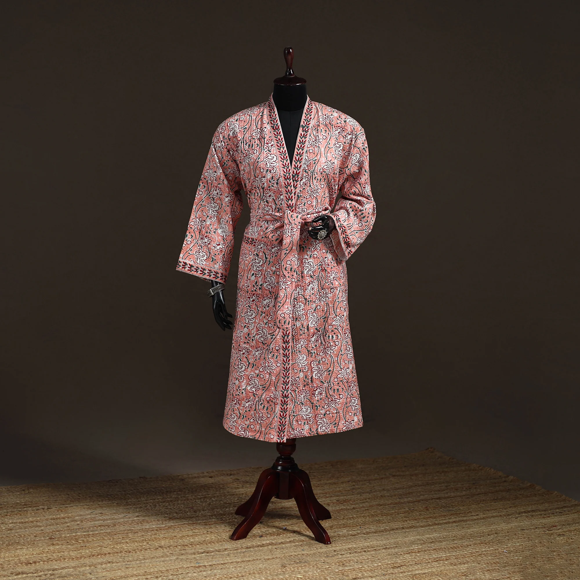 Peach - Sanganeri Hand Block Print Waffle Weave Cotton Bath Robe 25