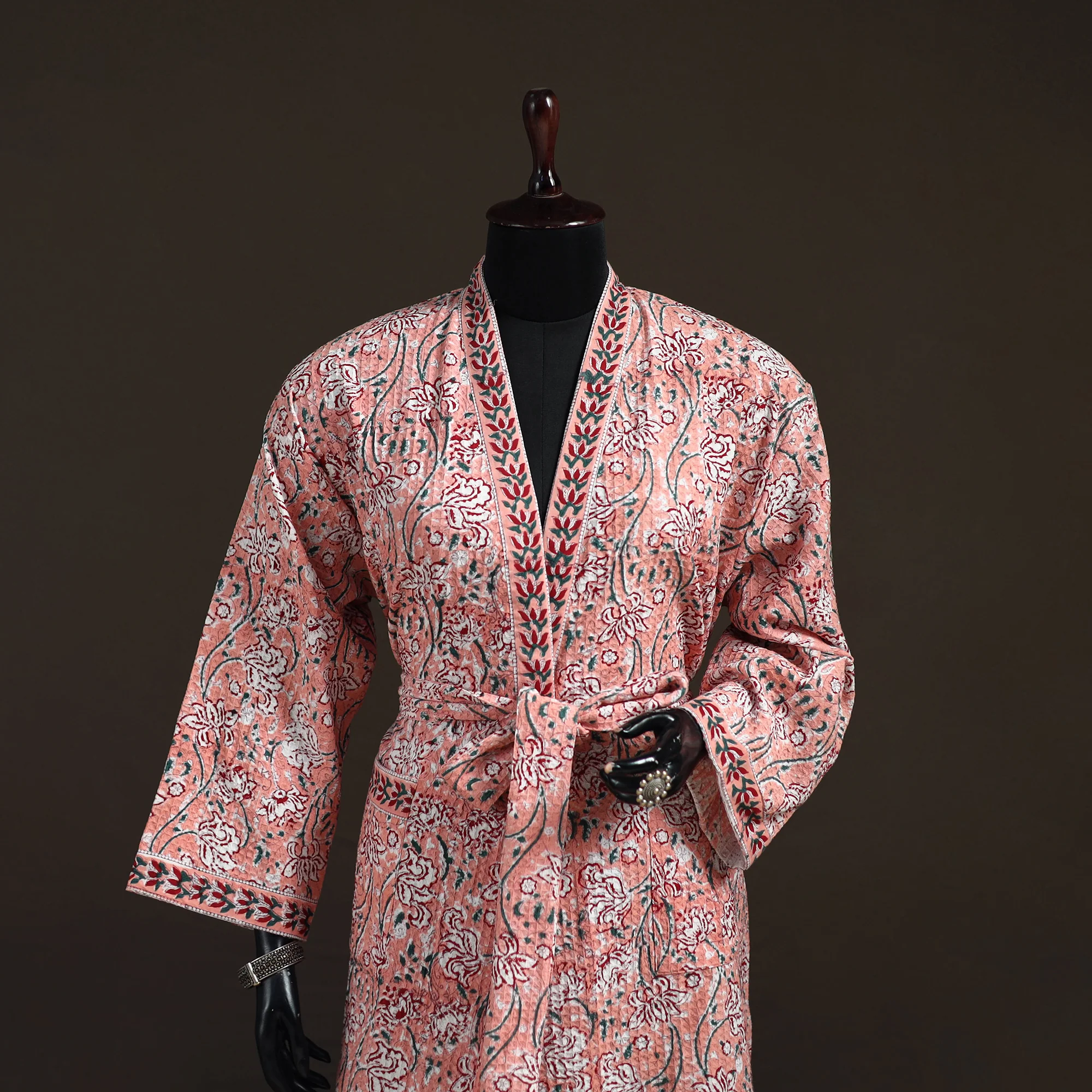 Peach - Sanganeri Hand Block Print Waffle Weave Cotton Bath Robe 25 - Image 2