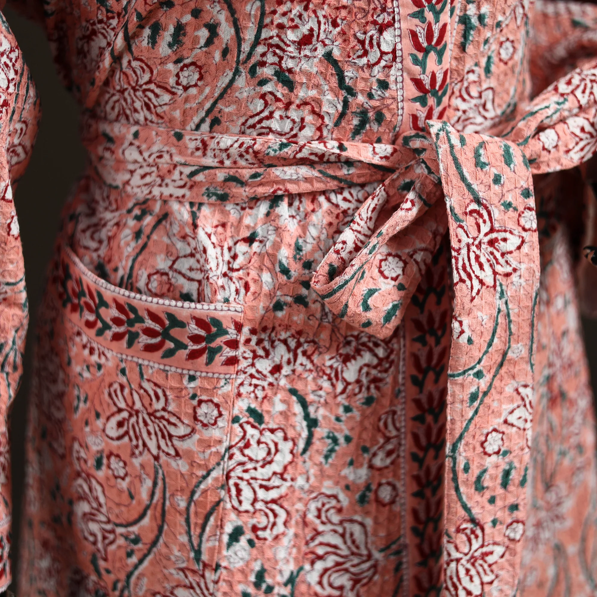 Peach - Sanganeri Hand Block Print Waffle Weave Cotton Bath Robe 25 - Image 4