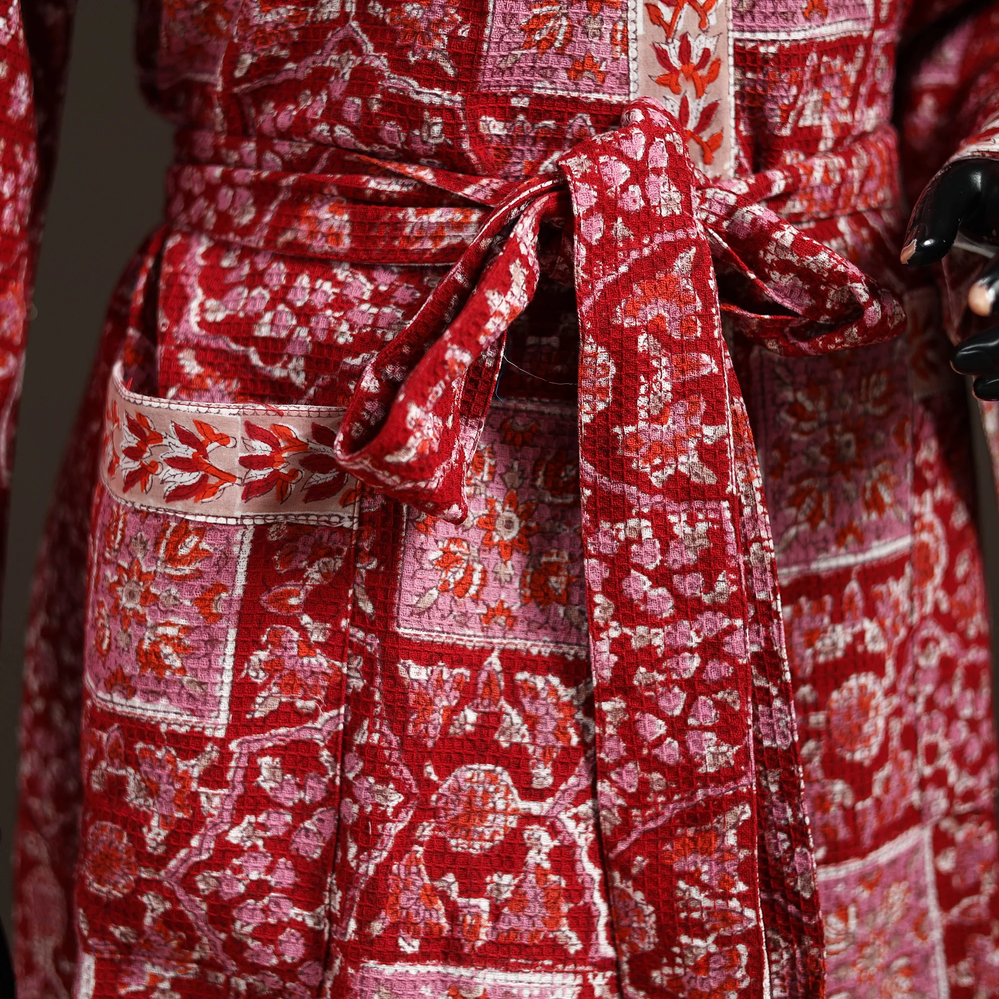 Red - Sanganeri Hand Block Print Waffle Weave Cotton Bath Robe 27 - Image 4