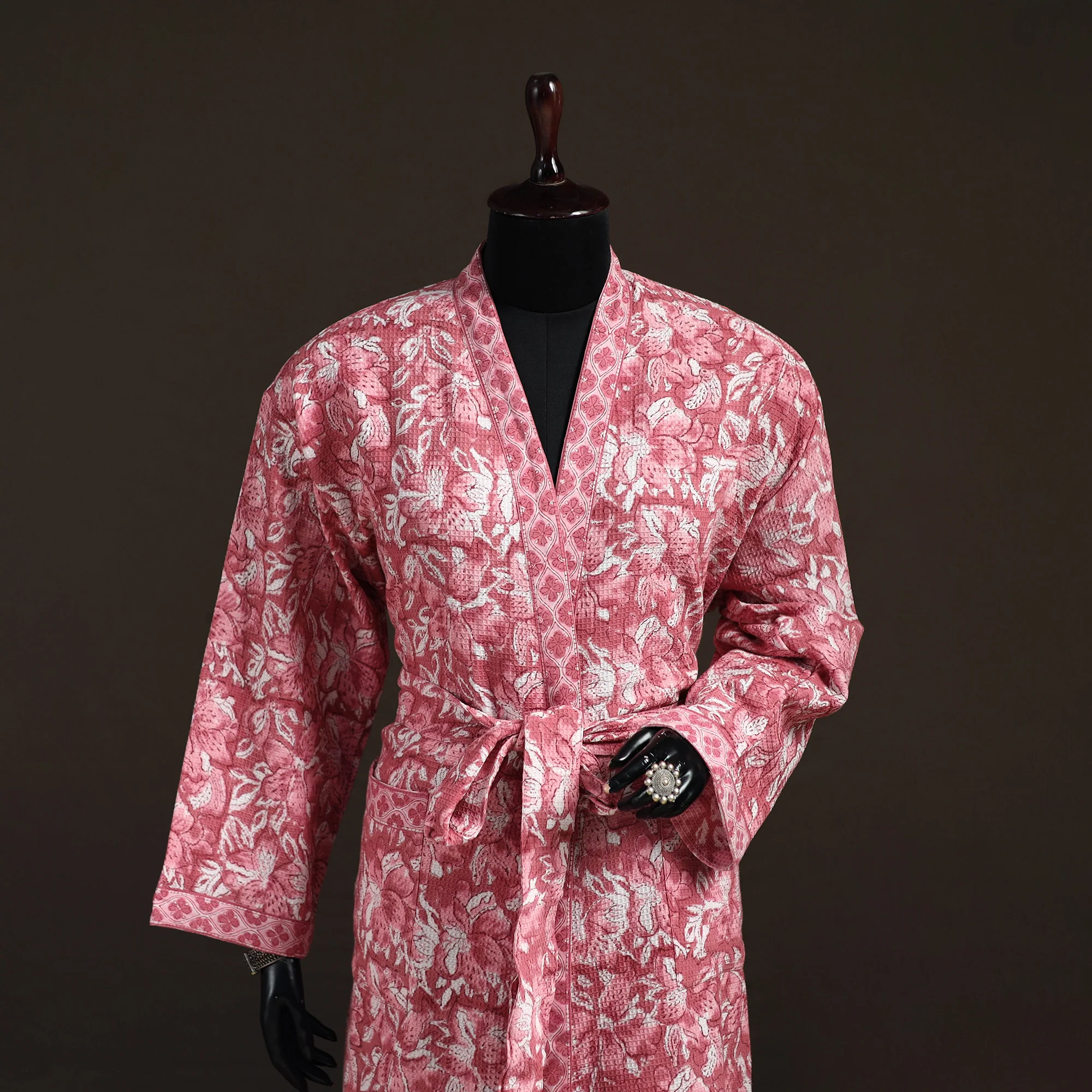 Pink - Sanganeri Hand Block Print Waffle Weave Cotton Bath Robe 28 - Image 2