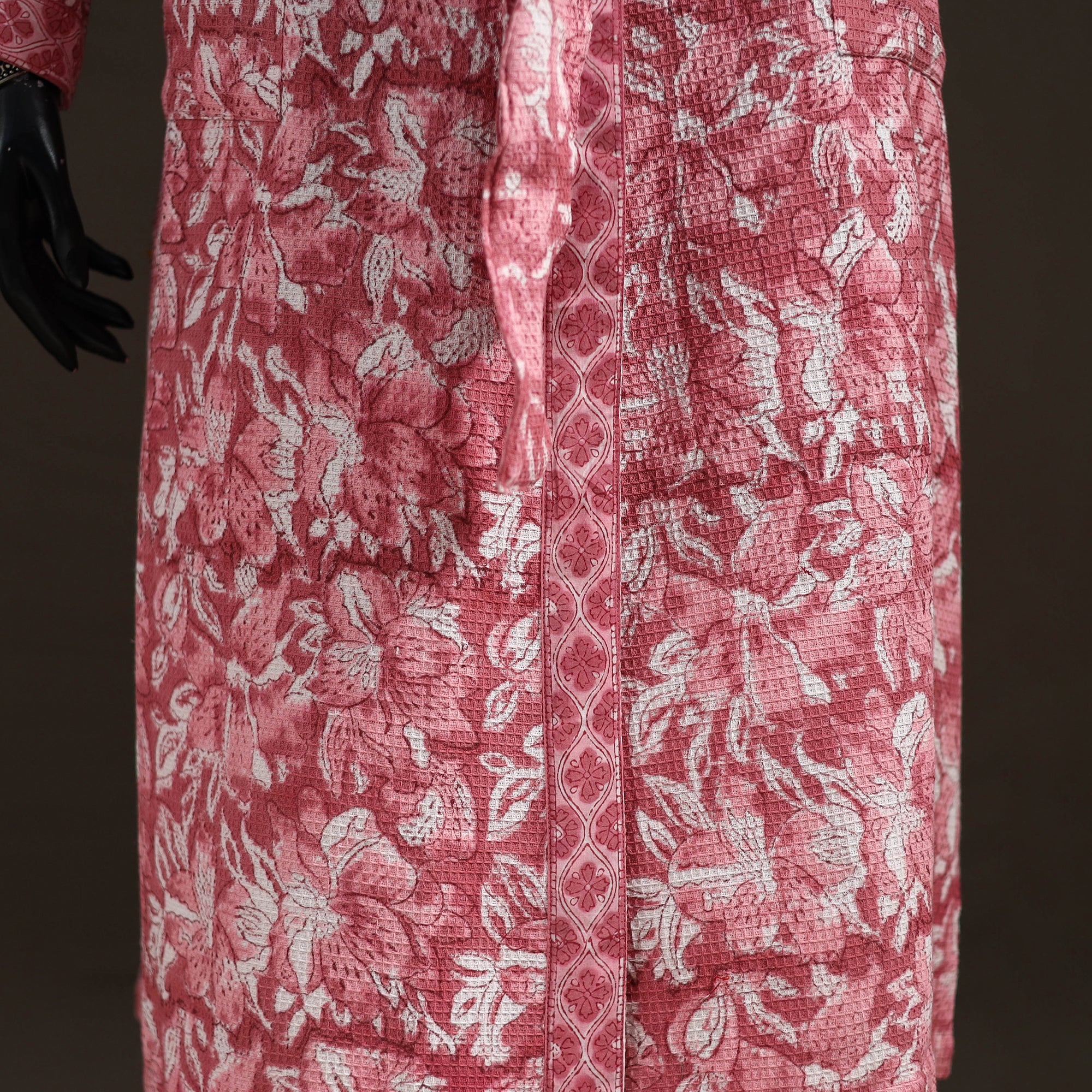 Pink - Sanganeri Hand Block Print Waffle Weave Cotton Bath Robe 28 - Image 3