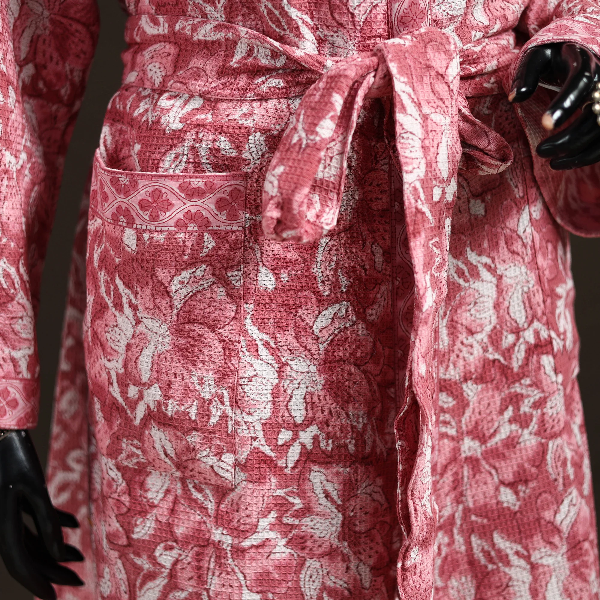 Pink - Sanganeri Hand Block Print Waffle Weave Cotton Bath Robe 28 - Image 4