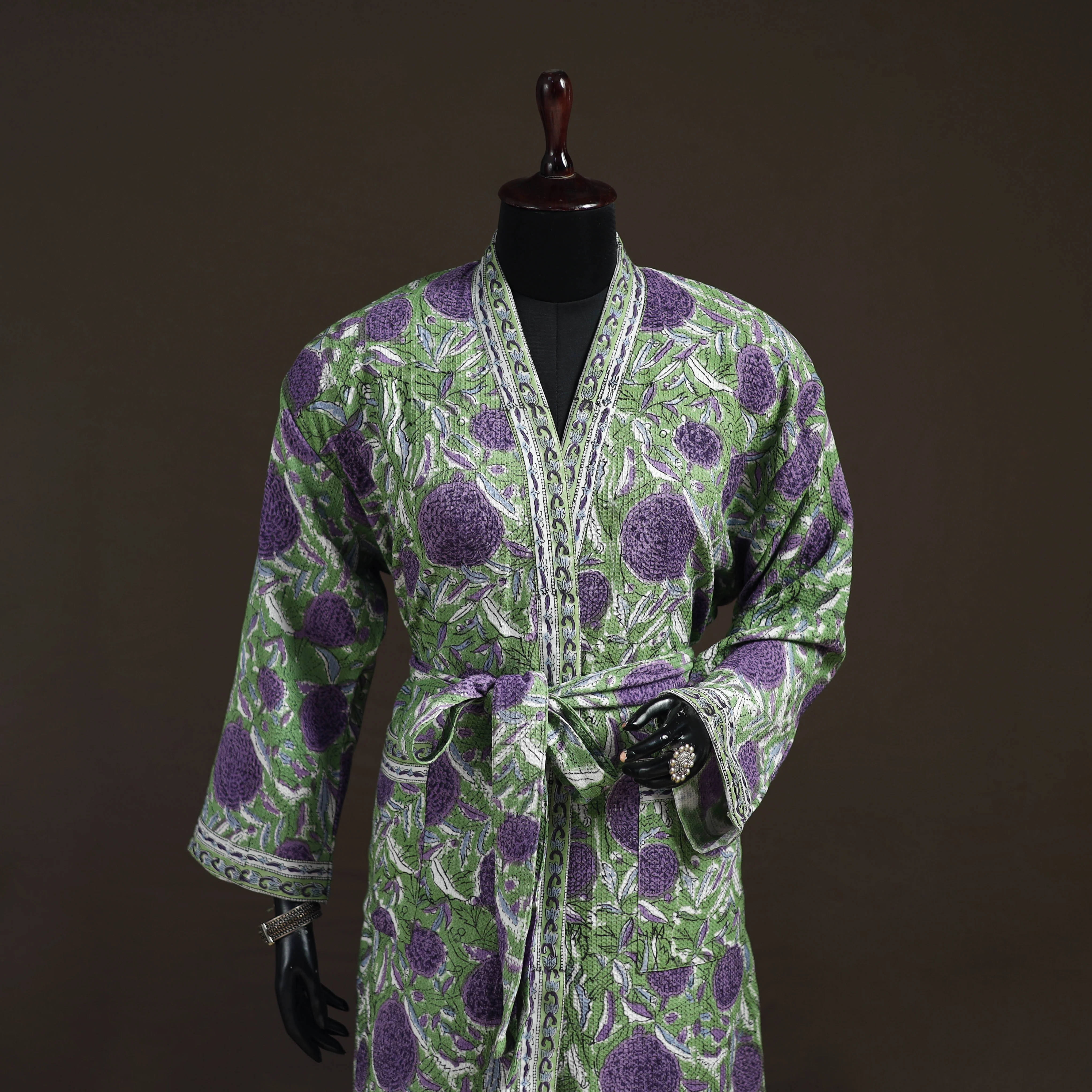 Green - Sanganeri Hand Block Print Waffle Weave Cotton Bath Robe 31 - Image 2