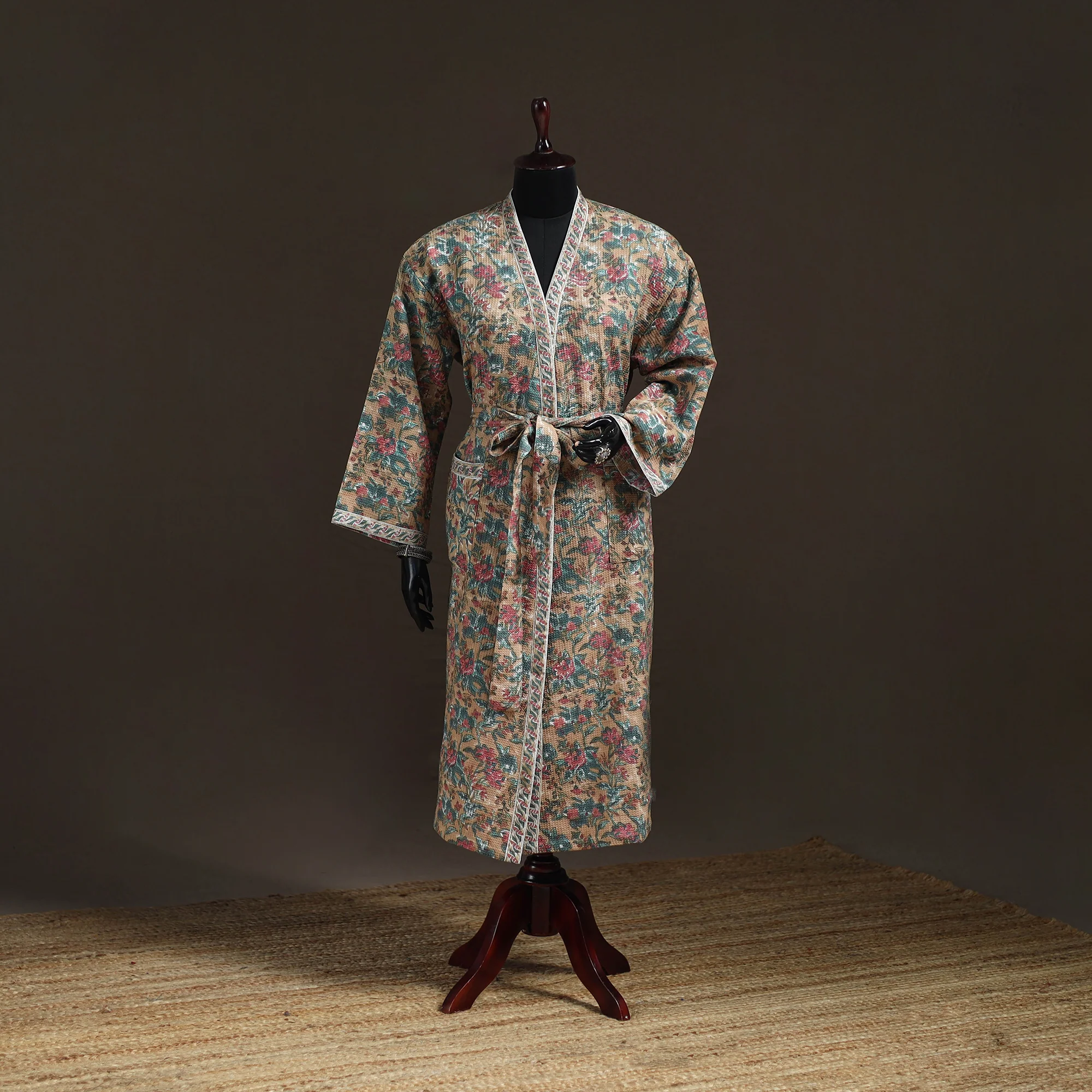 Beige - Sanganeri Hand Block Print Waffle Weave Cotton Bath Robe 32