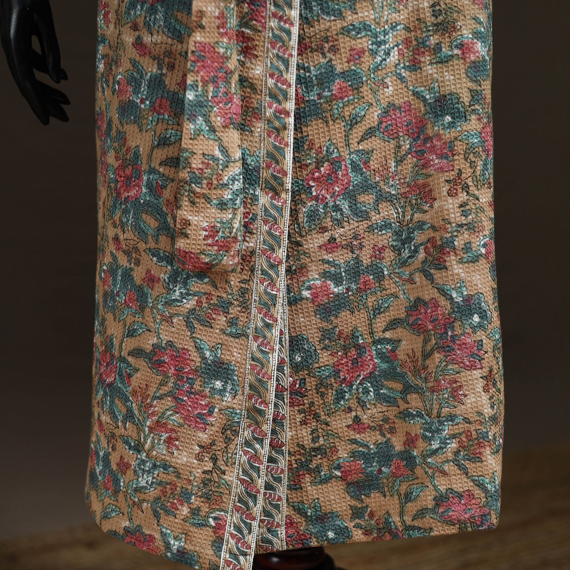 Beige - Sanganeri Hand Block Print Waffle Weave Cotton Bath Robe 32 - Image 3