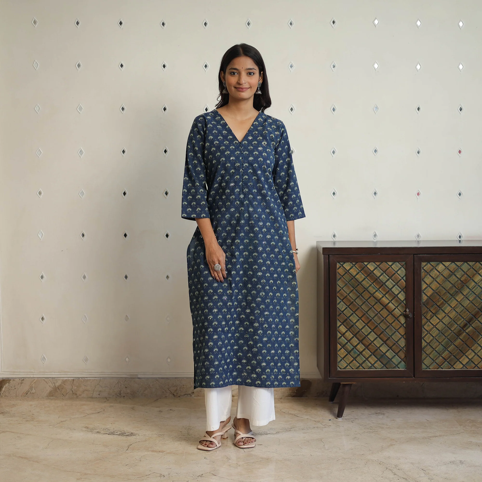 Blue - Sequins Cotton Straight Ajrakh Print Kurta 01 - Image 2