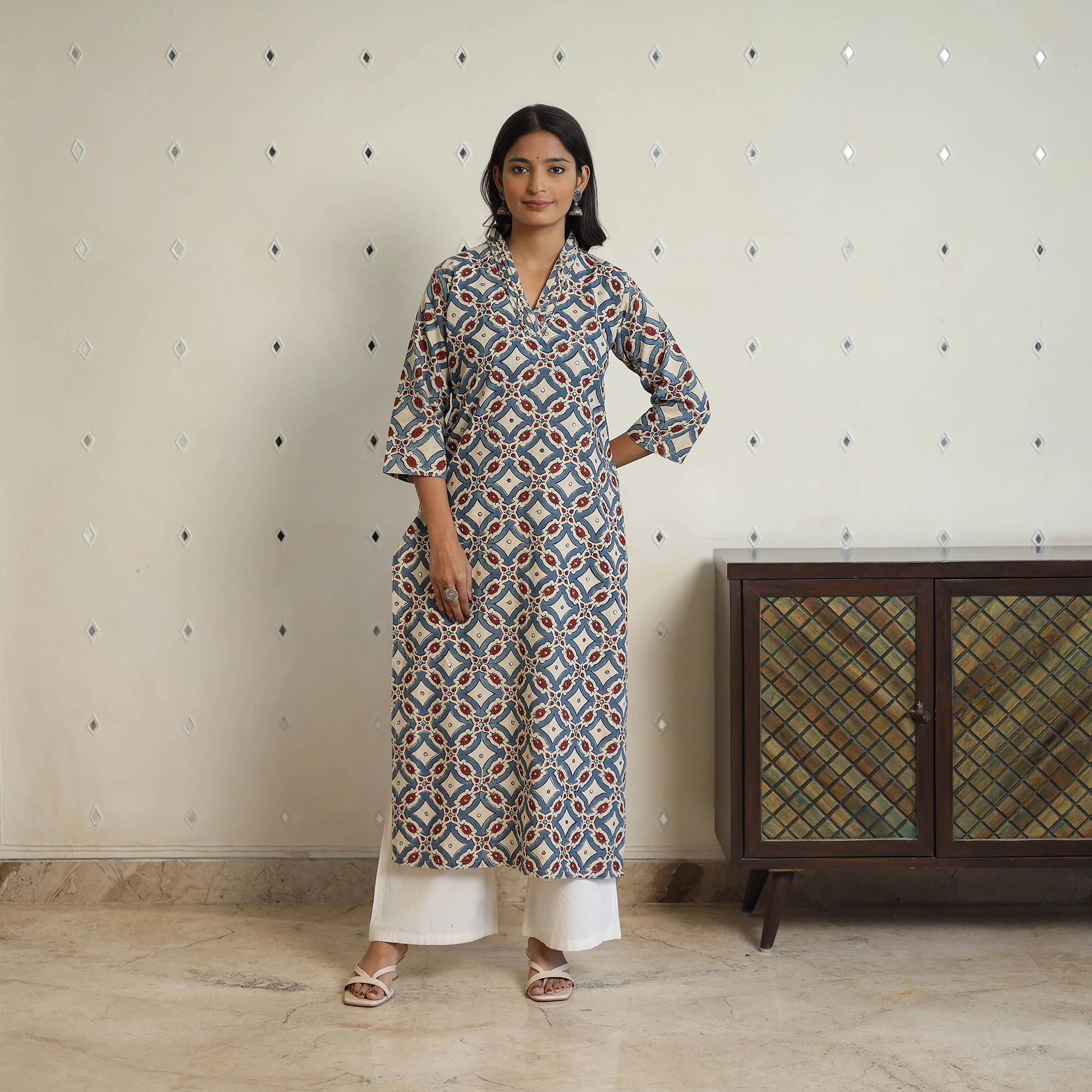 Multicolor - Sequins Work Cotton Straight Ajrakh Print Kurta 06 - Image 5