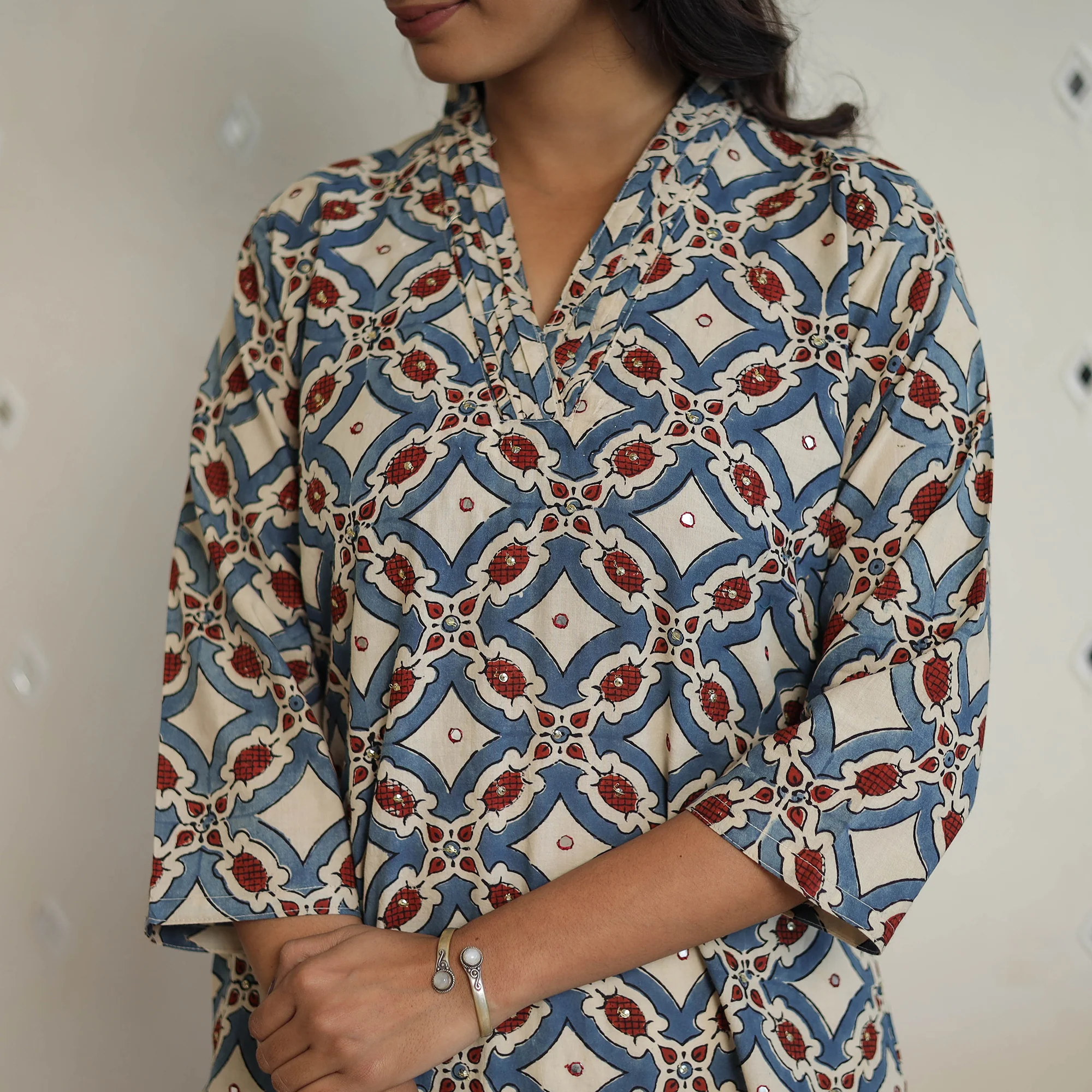 Multicolor - Sequins Work Cotton Straight Ajrakh Print Kurta 06 - Image 6