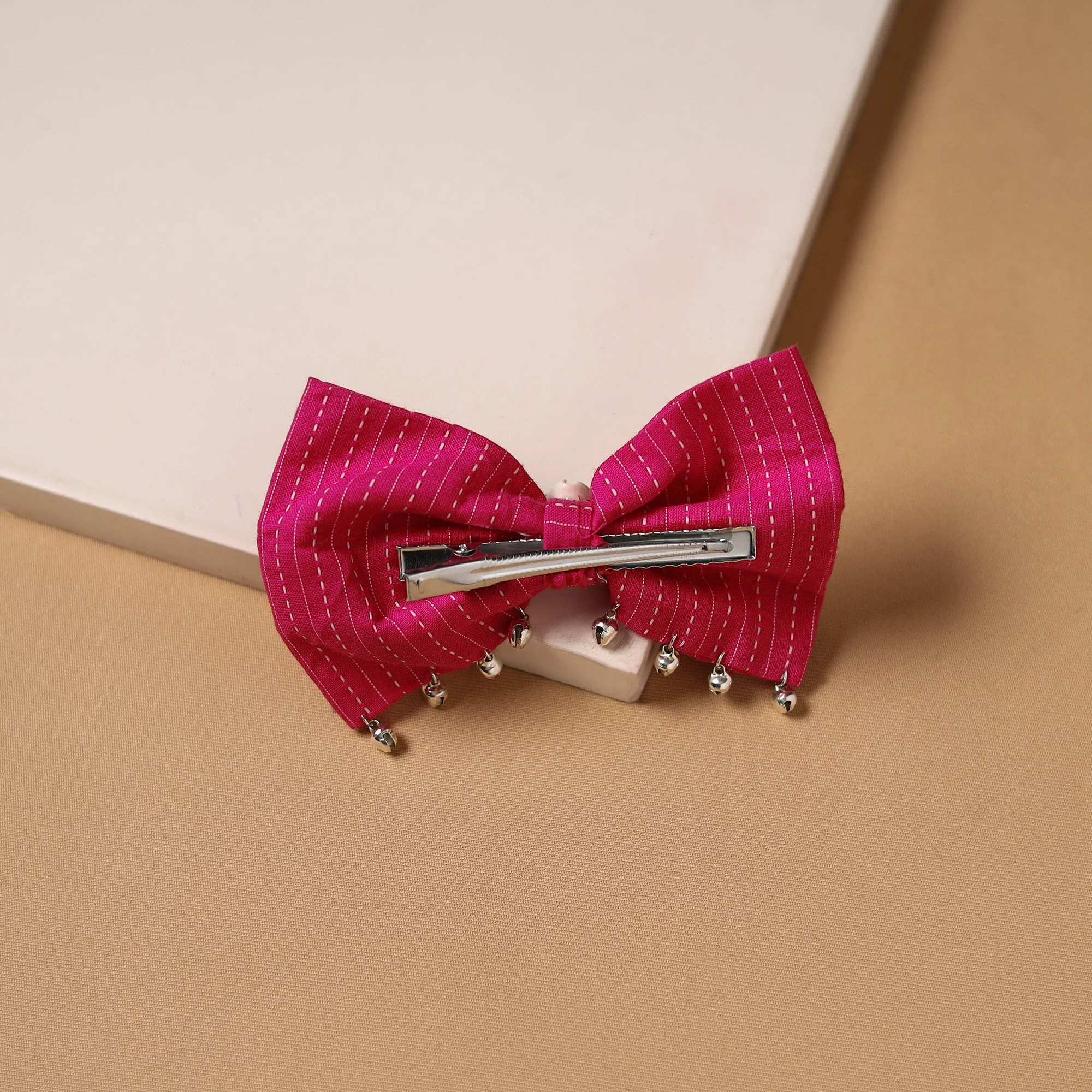 Pink - Shell Ghungroo Work Women's Bow Hair Clip 48 - Image 2
