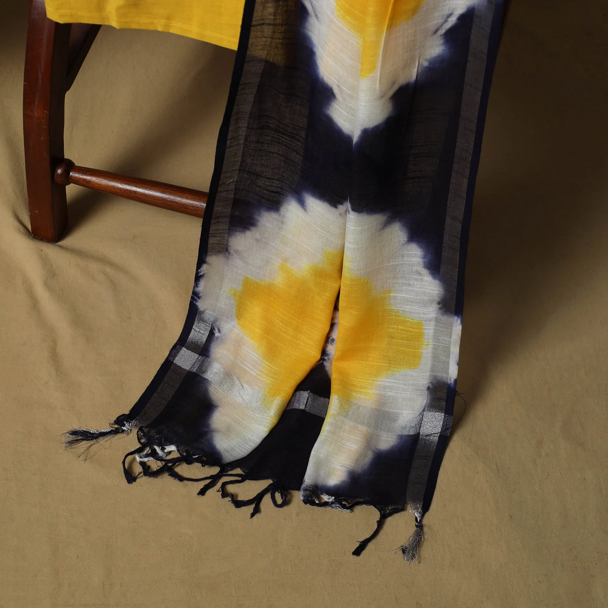 Blue - Shibori Tie-Dye Linen Cotton 3pc Unstitched Dress Material Suit Set 30 - Image 4