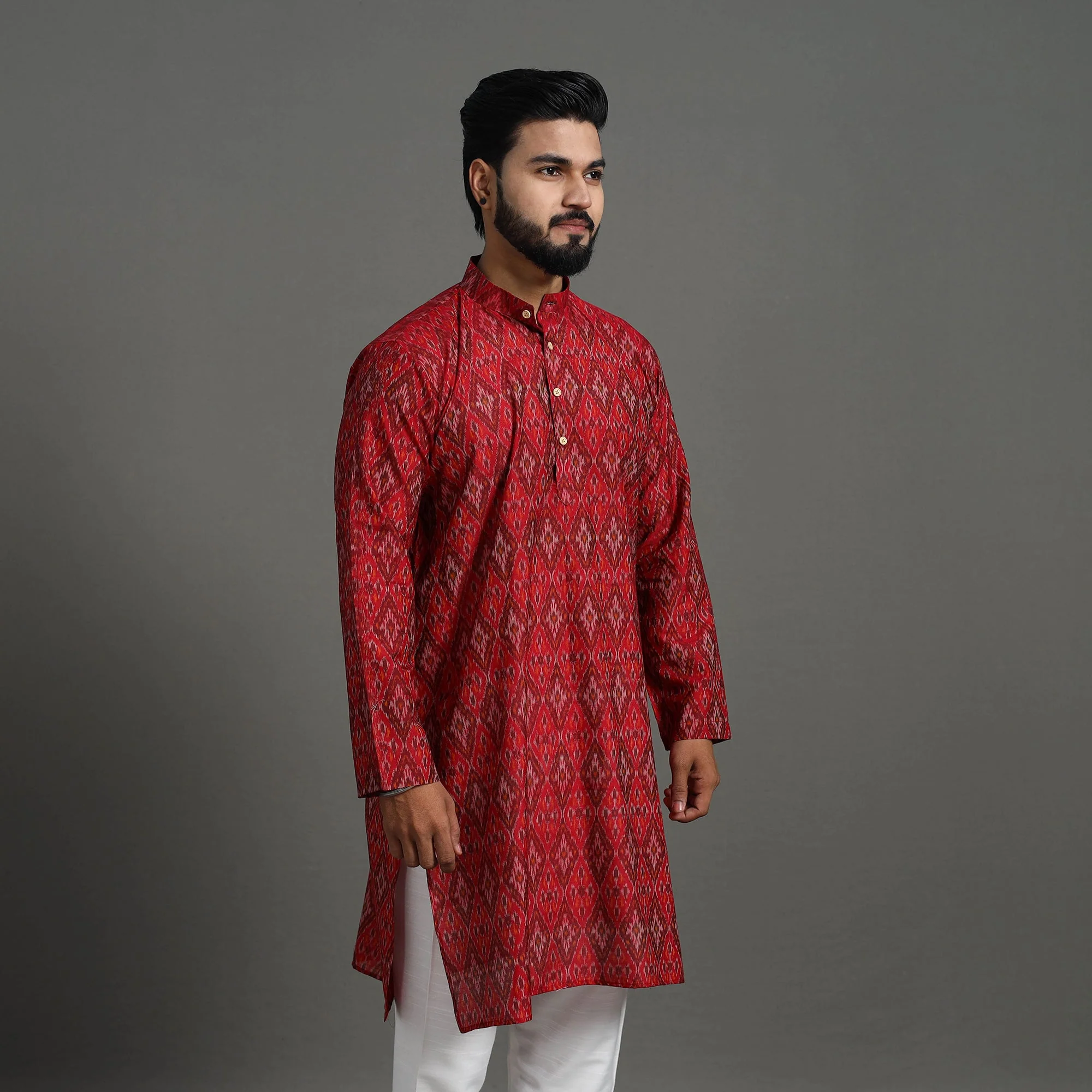 Red - Silk Cotton Handwoven Pochampally Ikat Kurta for Men 03 - Image 4