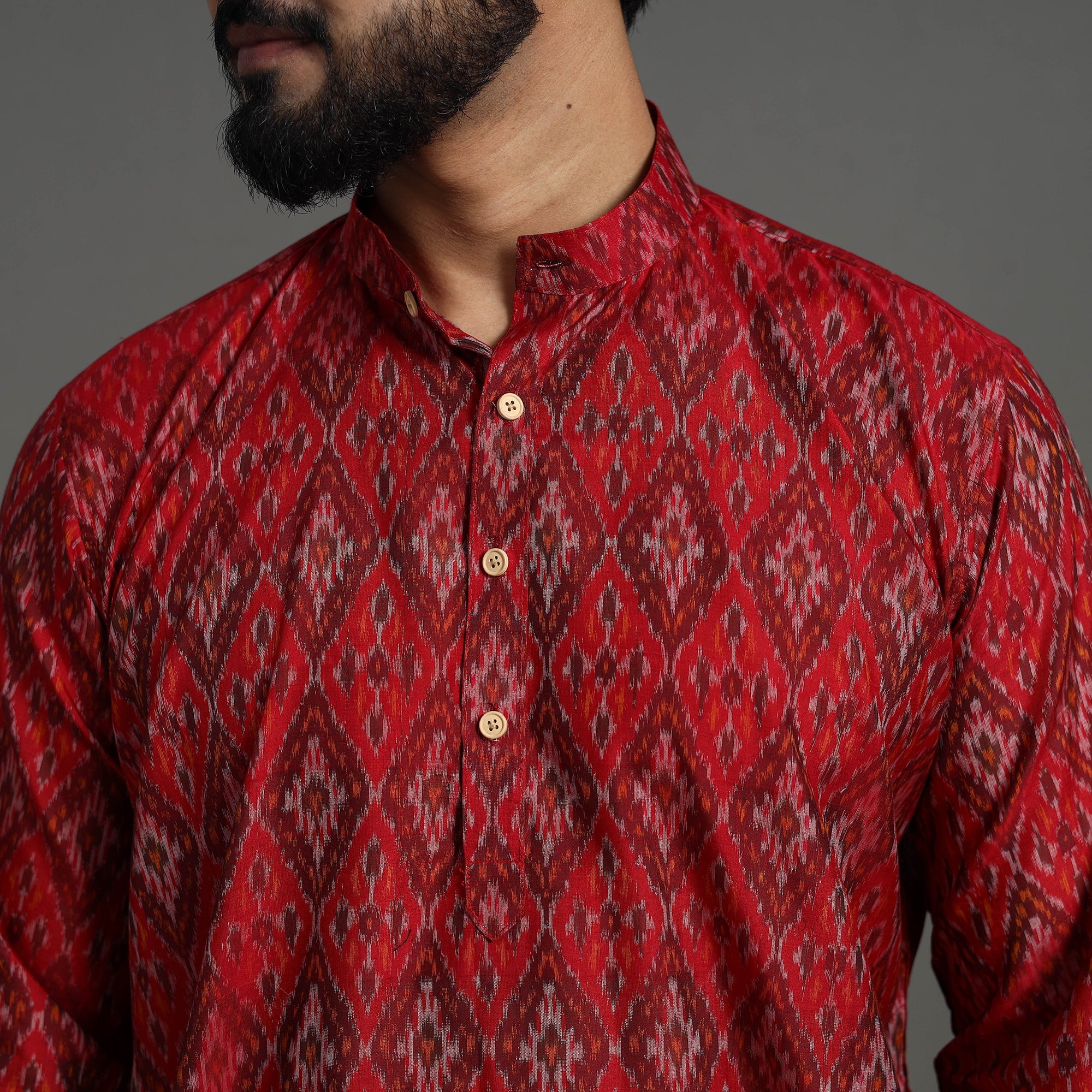 Red - Silk Cotton Handwoven Pochampally Ikat Kurta for Men 03 - Image 5