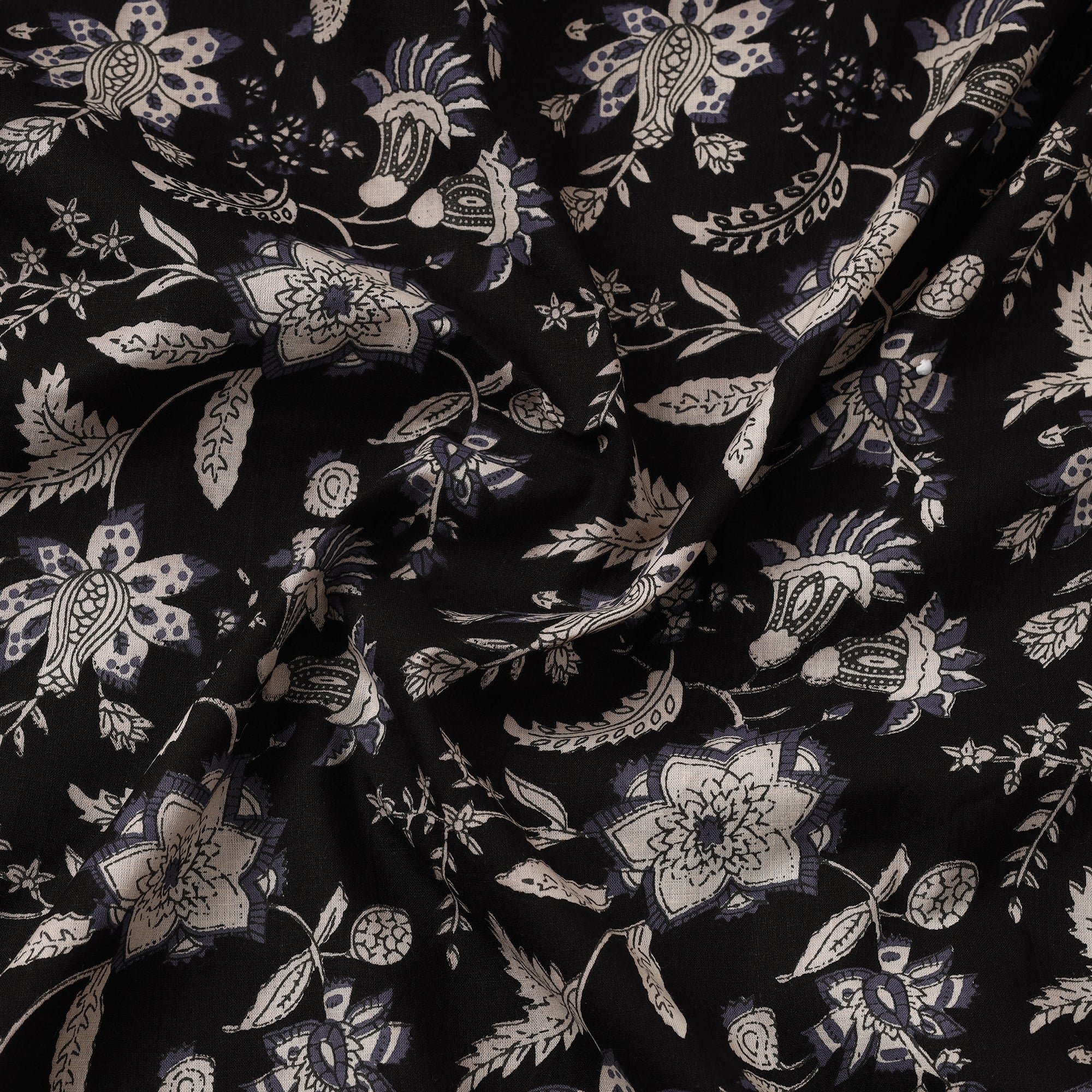Black with Floral Jaipur Printed Cotton Fabric 01 - Image 3