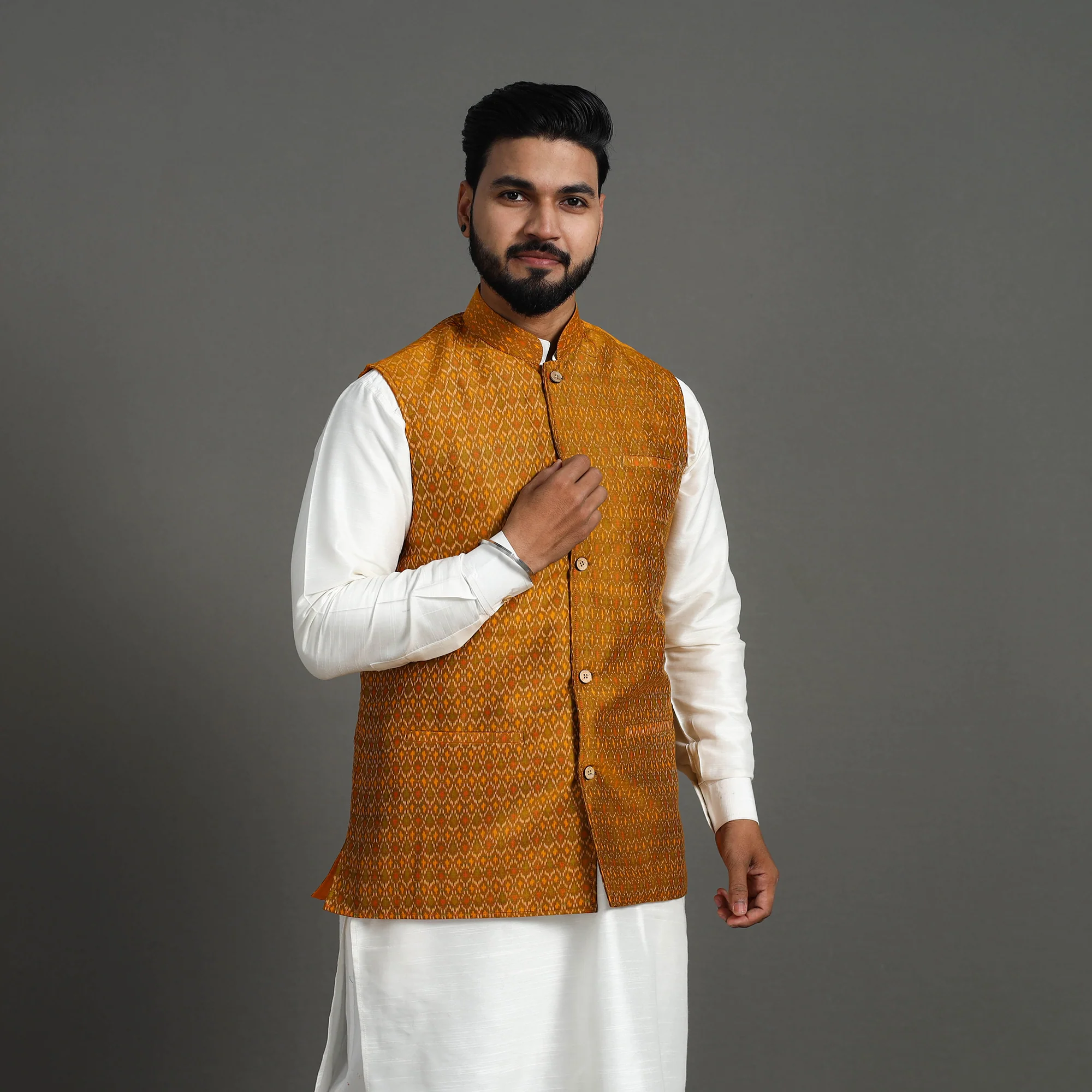 Brown - Silk Cotton Handwoven Pochampally Ikat Nehru Jacket 08 - Image 2
