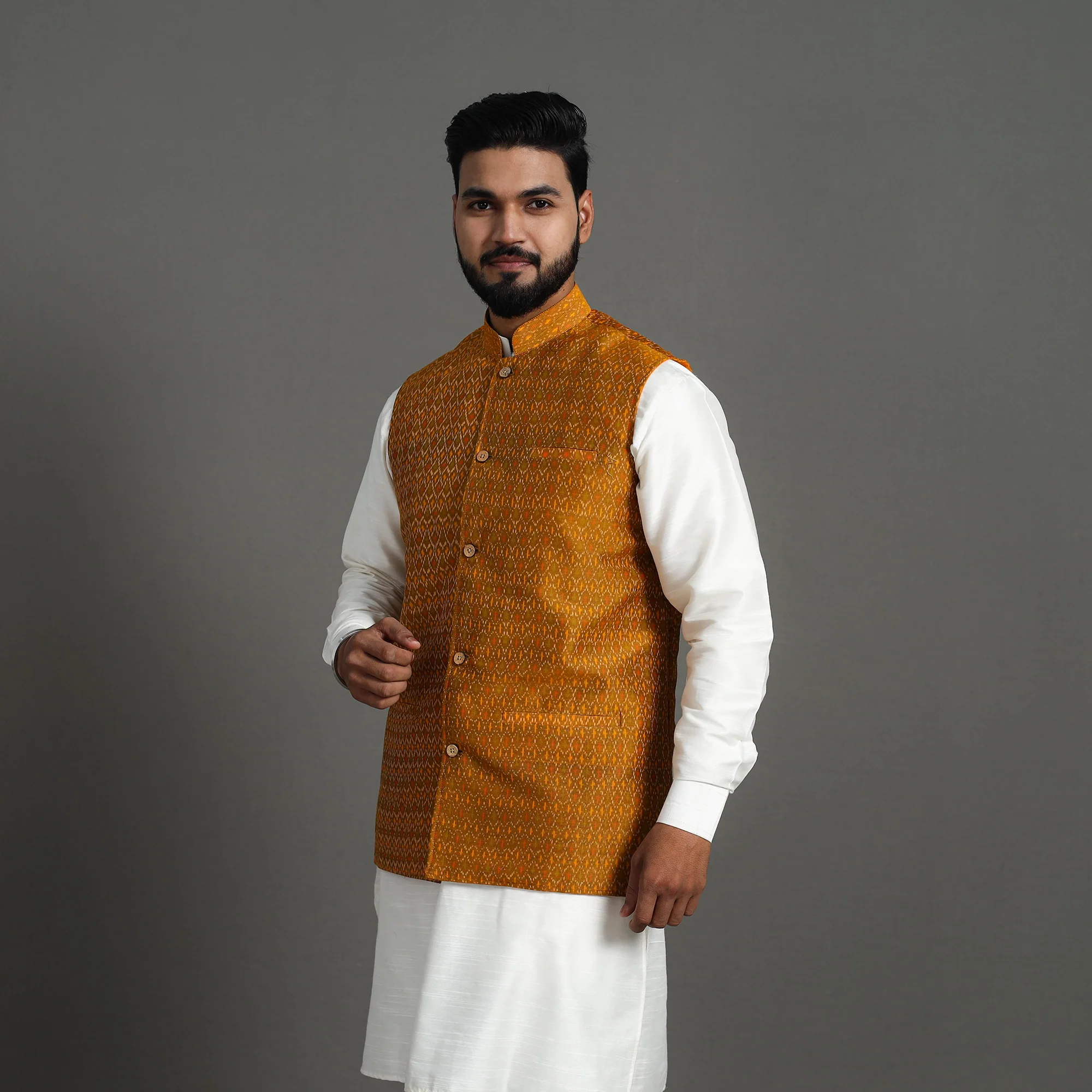 Brown - Silk Cotton Handwoven Pochampally Ikat Nehru Jacket 08 - Image 3