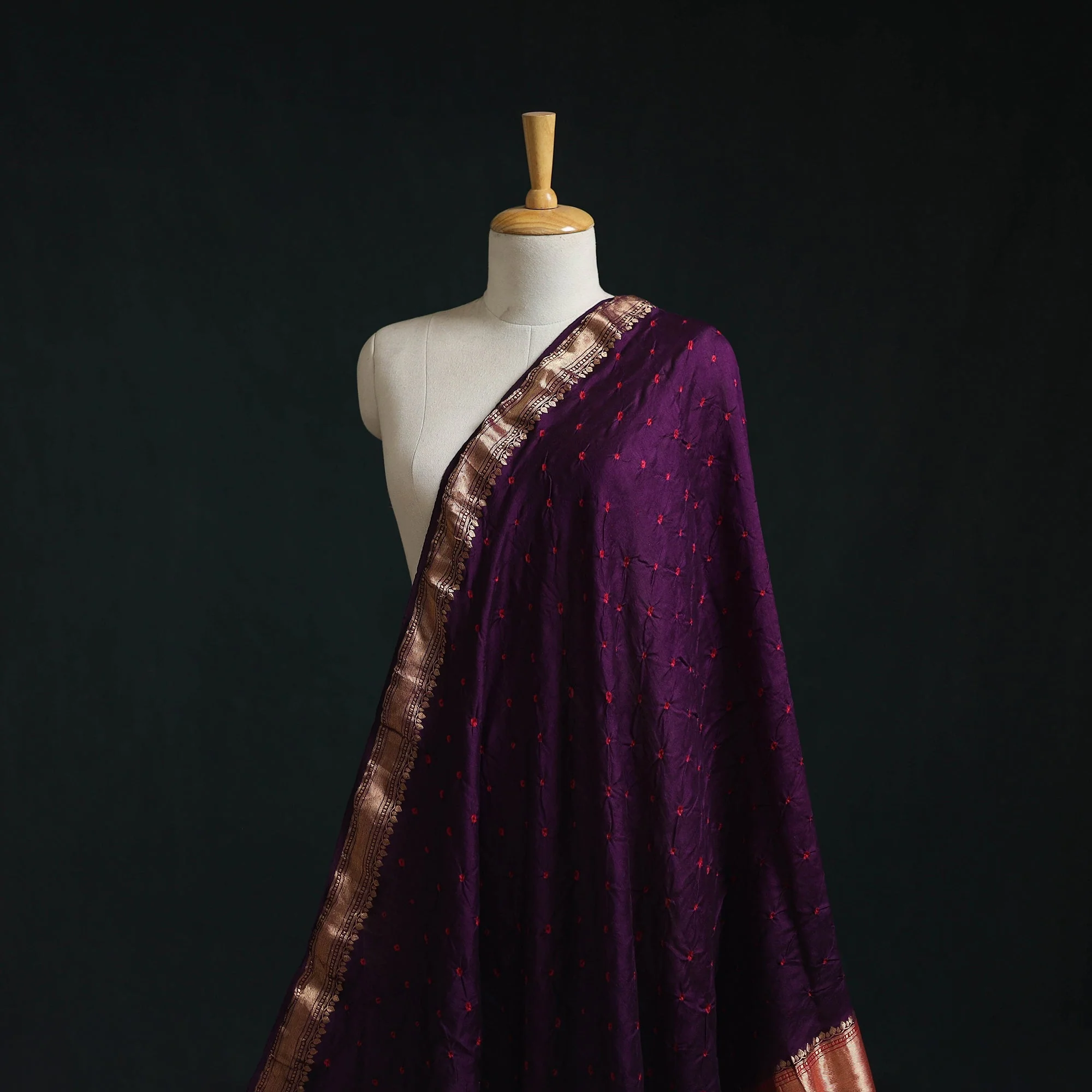 Purple - Silk Tie-Dye Bandhani Fabric with Zari Border 22