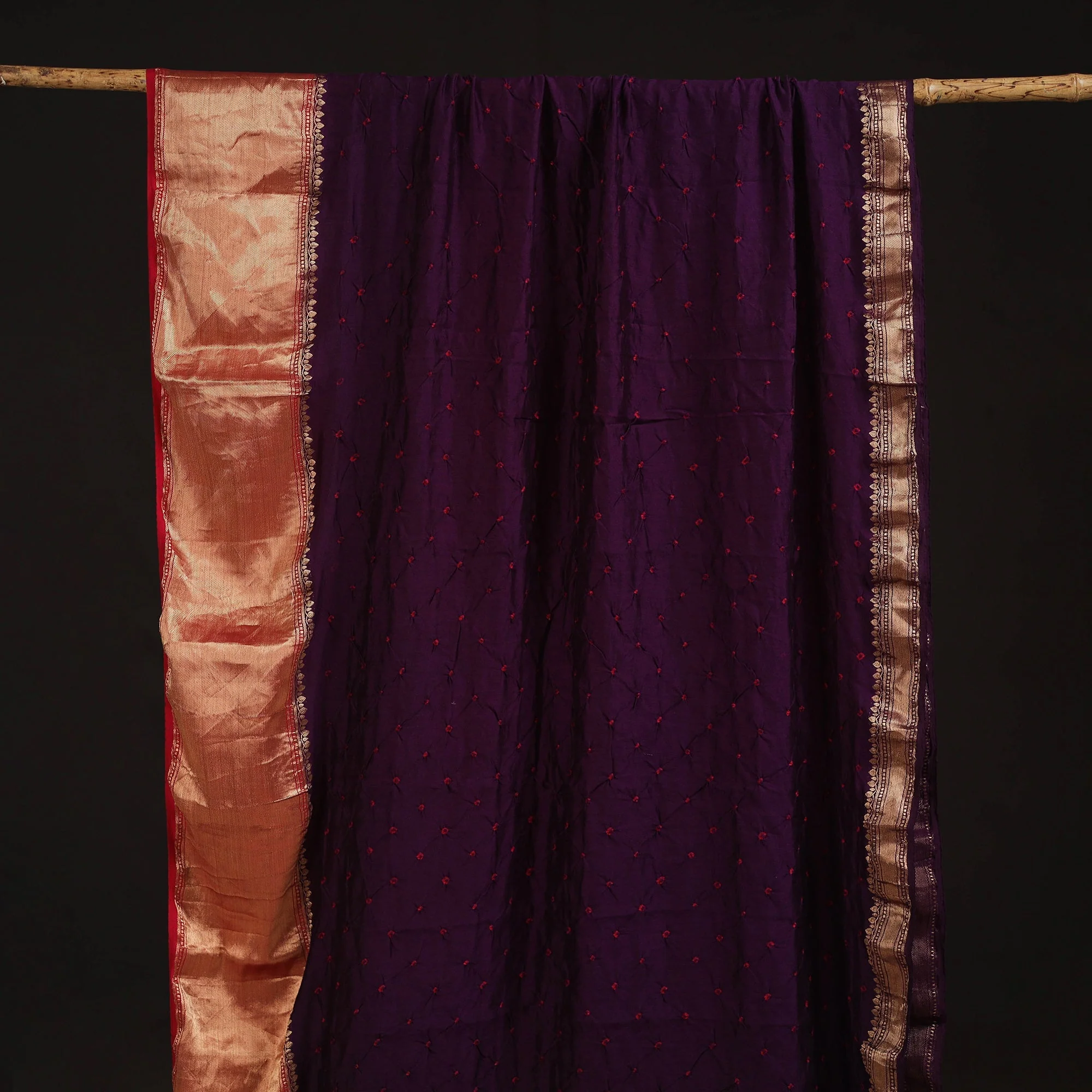 Purple - Silk Tie-Dye Bandhani Fabric with Zari Border 22 - Image 2