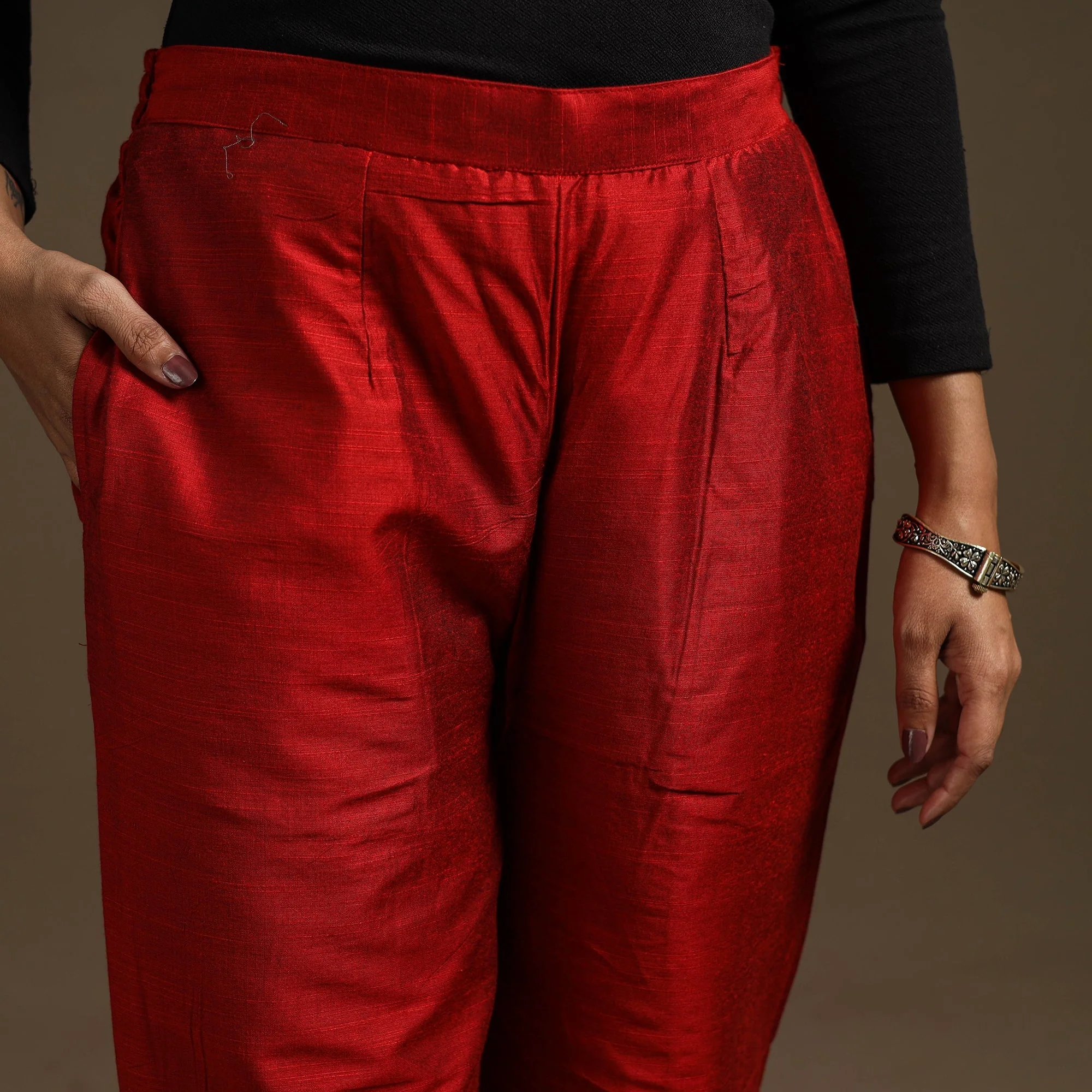 Red - Slub Silk Elasticated Plain Pant 03 - Image 3
