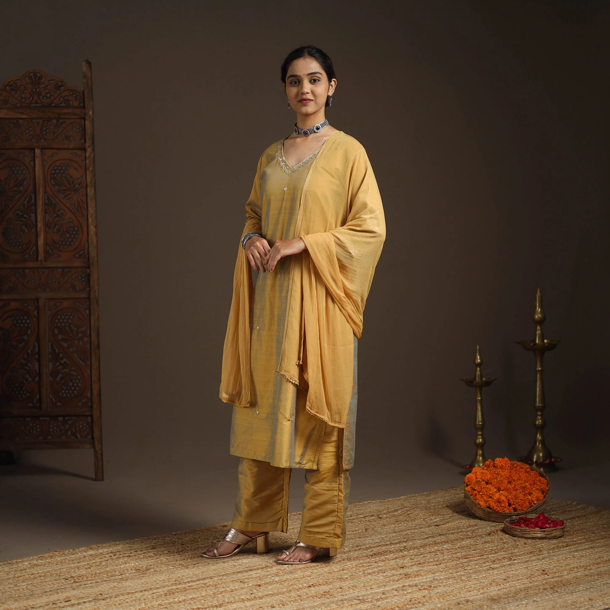 Yellow - Slub Silk Embroidered Plain Kurta Set (Set of 3) 03 - Image 3