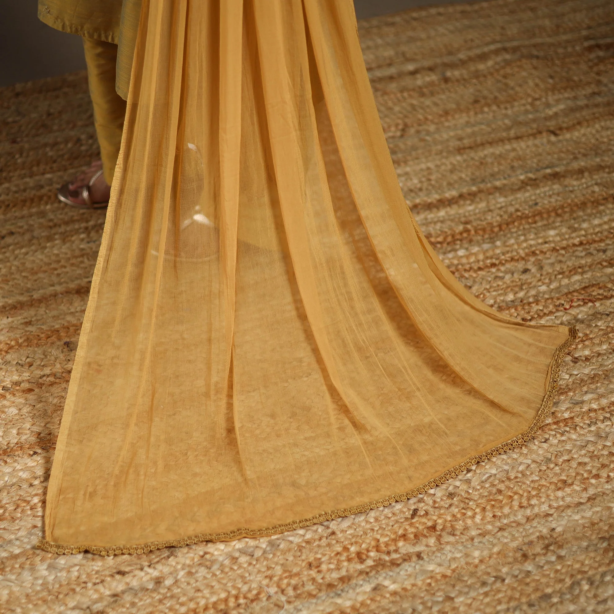 Yellow - Slub Silk Embroidered Plain Kurta Set (Set of 3) 03 - Image 4
