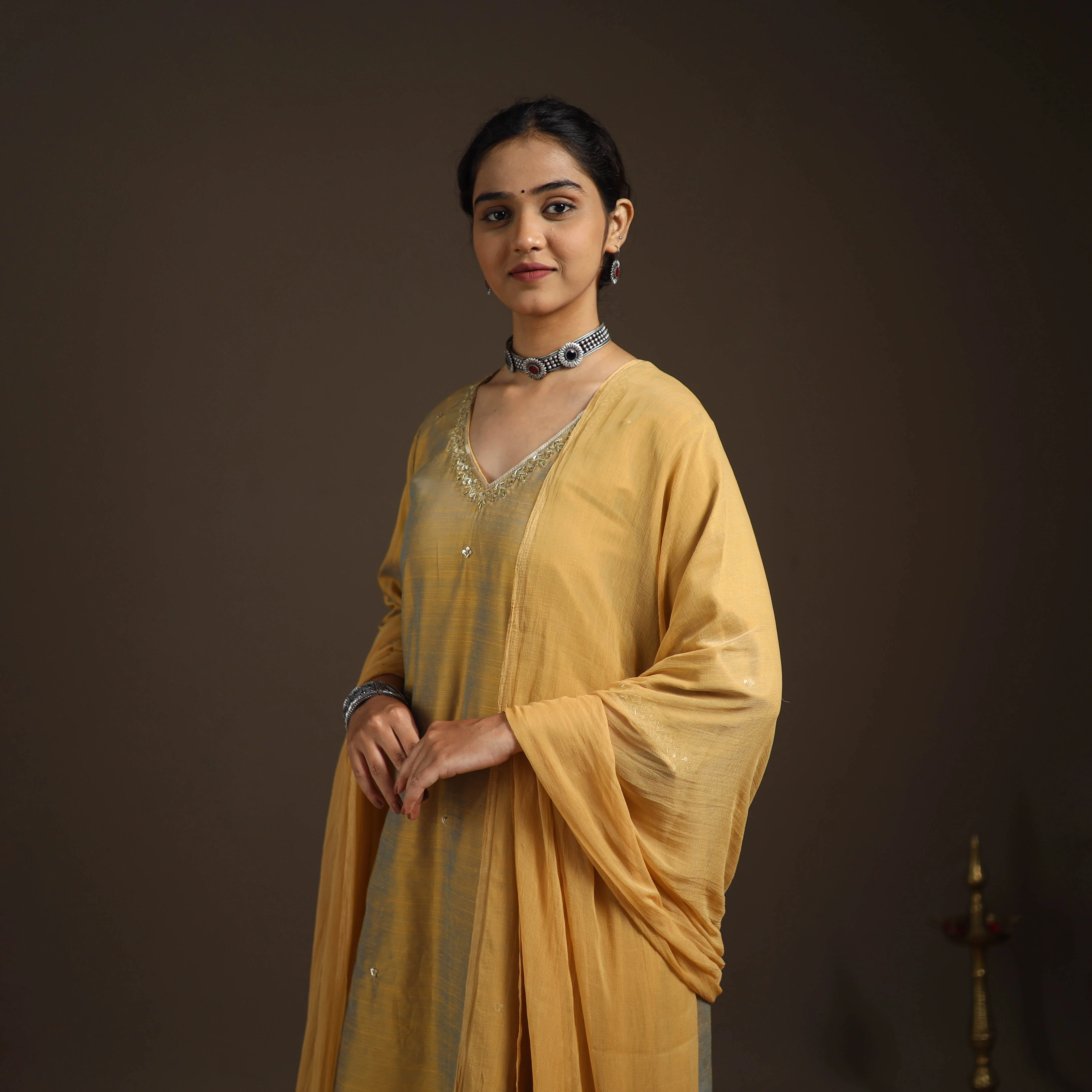 Yellow - Slub Silk Embroidered Plain Kurta Set (Set of 3) 03 - Image 5