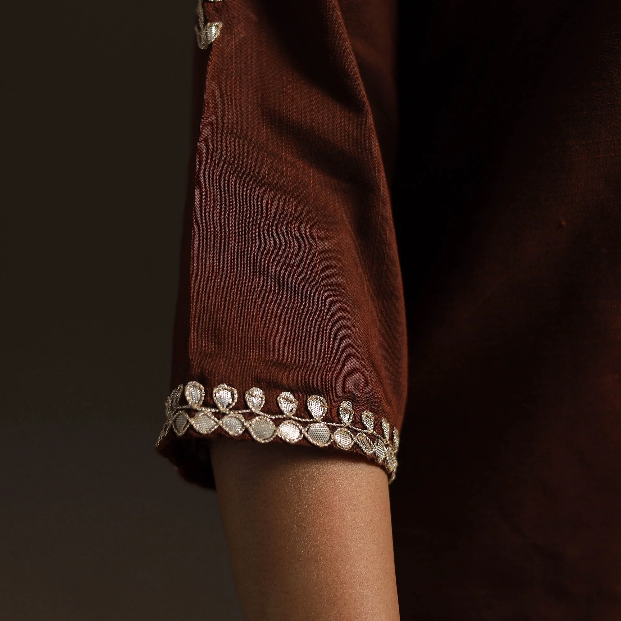 Brown - Slub Silk Gota Work Straight Plain Kurta 06 - Image 5