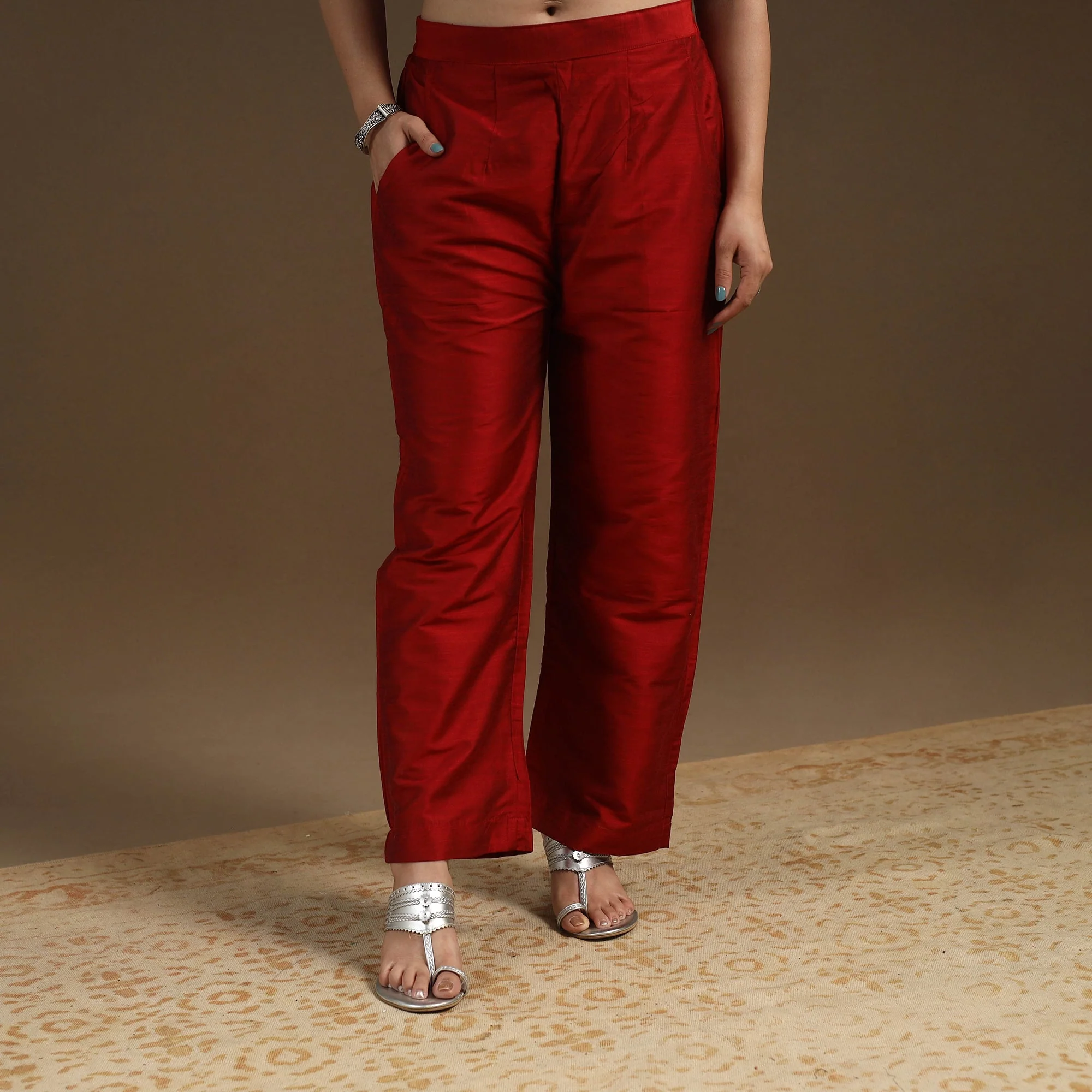 Maroon - Slub Silk Plain Palazzo Pant 02 - Image 2