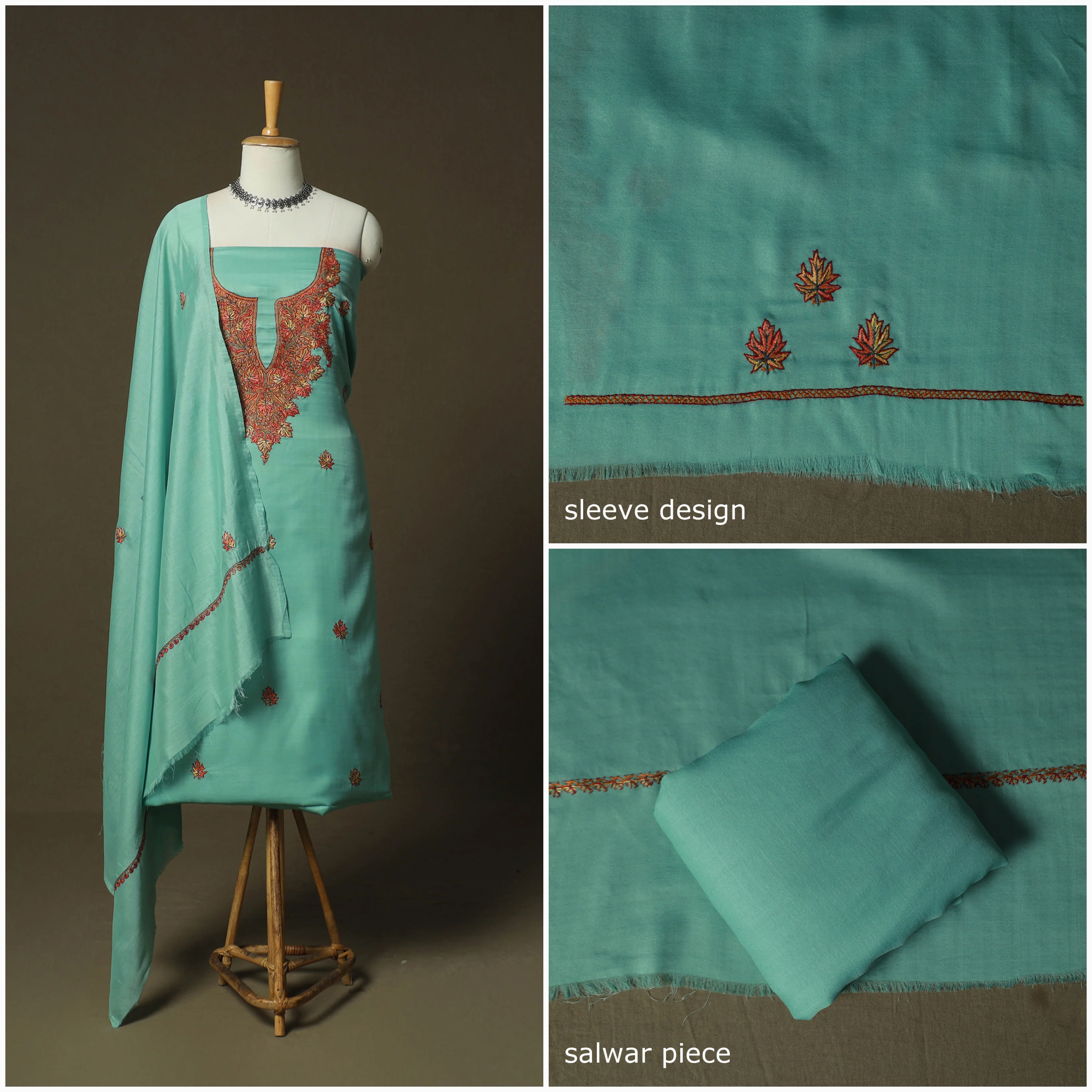 Green - Sozni Hand Embroidery Pure Silk 3pc Unstitched Dress Material Suit Set 23 - Image 3