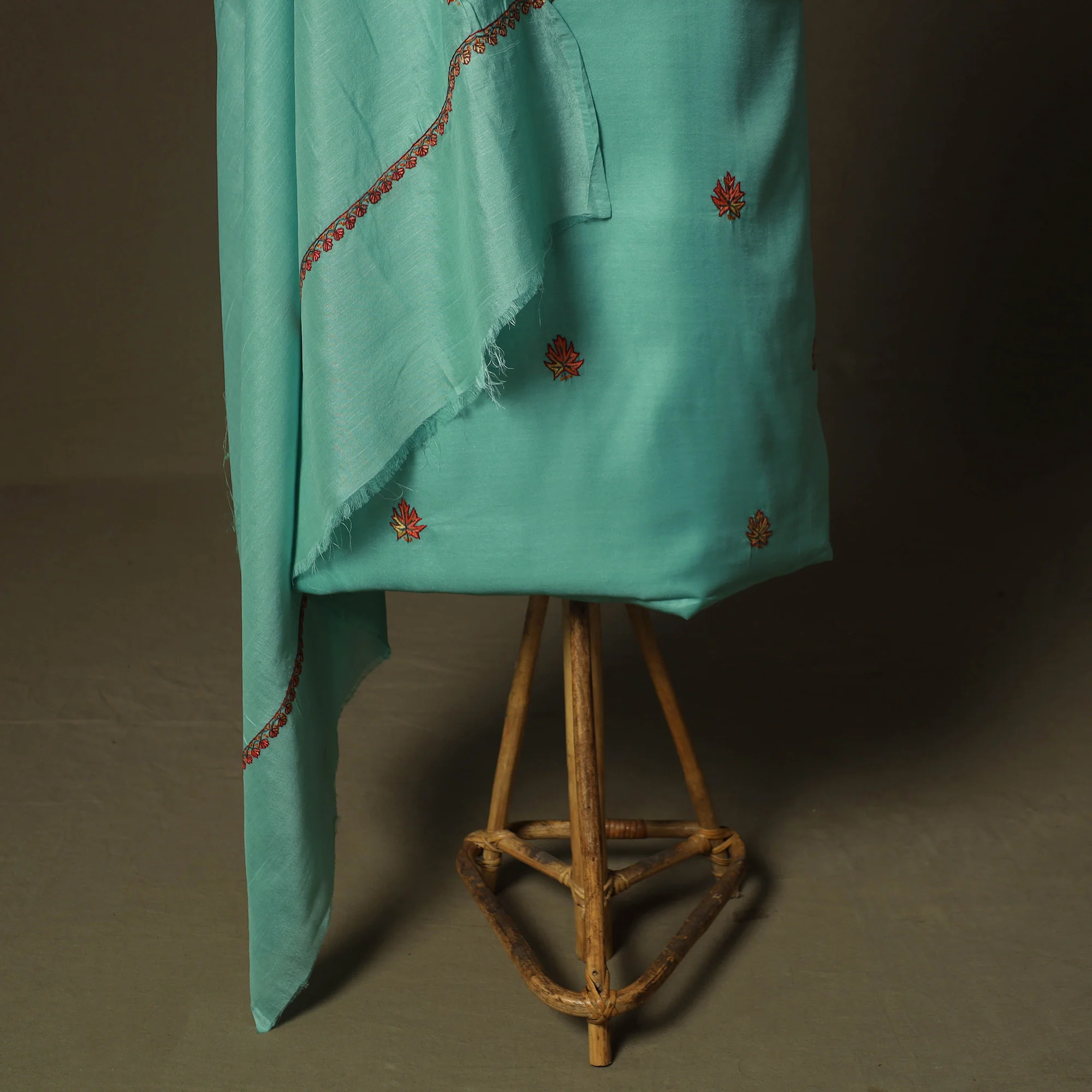 Green - Sozni Hand Embroidery Pure Silk 3pc Unstitched Dress Material Suit Set 23 - Image 5