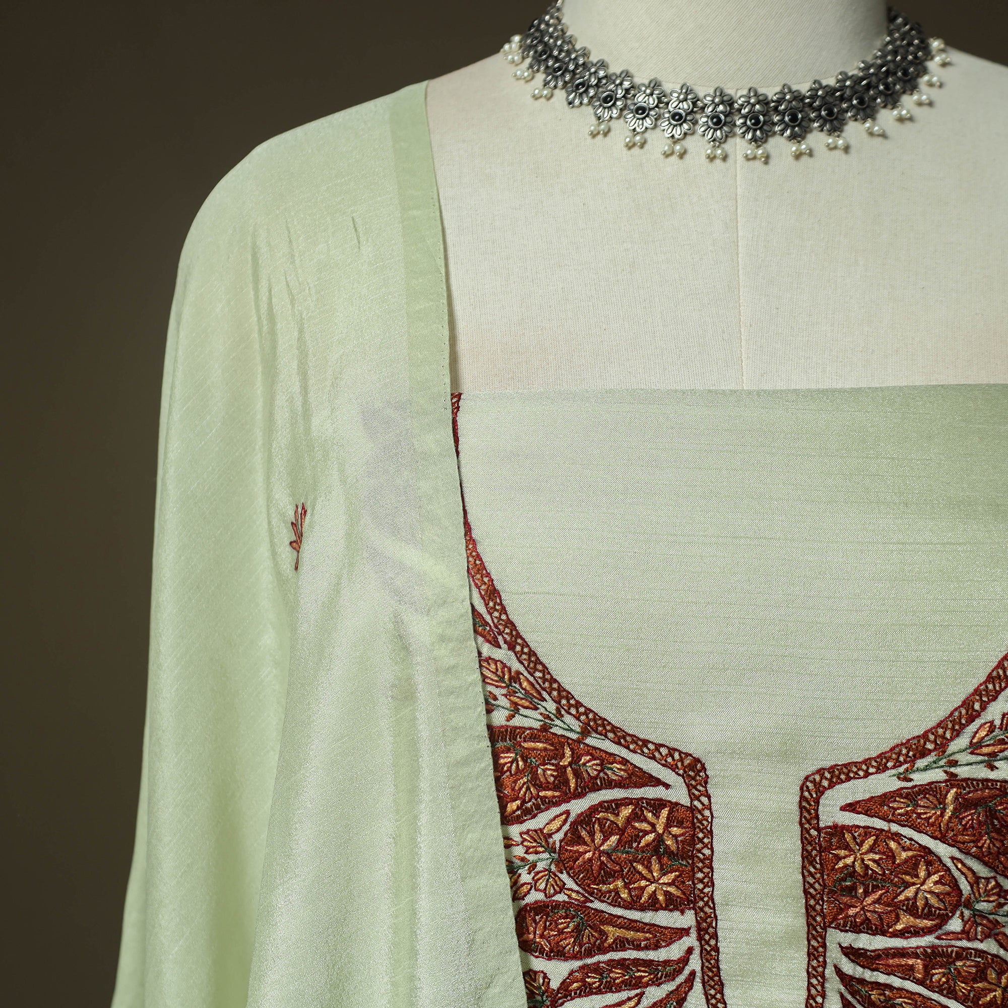Green - Sozni Hand Embroidery Pure Silk 3pc Unstitched Dress Material Suit Set 29 - Image 4