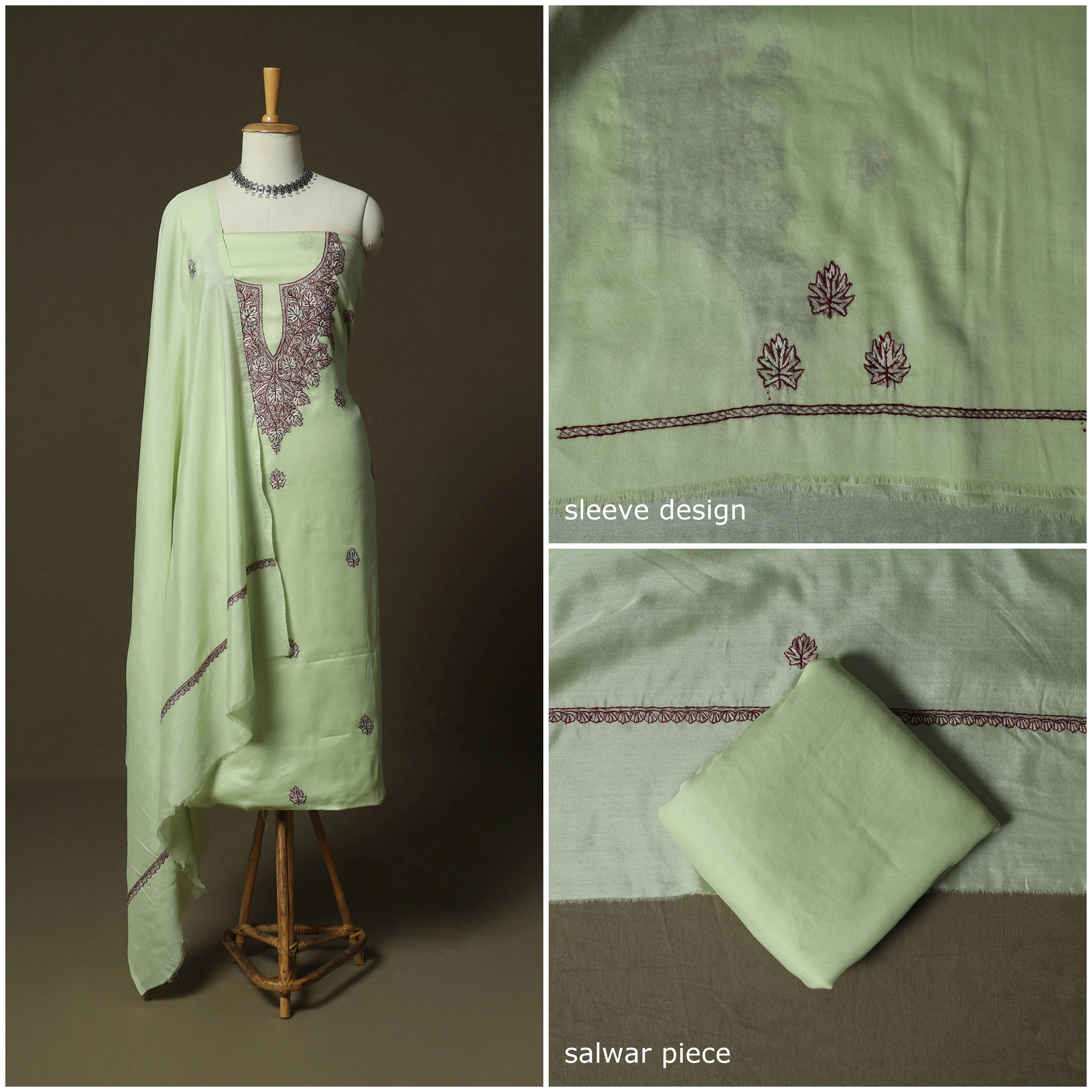 Green - Sozni Hand Embroidery Pure Silk 3pc Unstitched Dress Material Suit Set 31 - Image 3