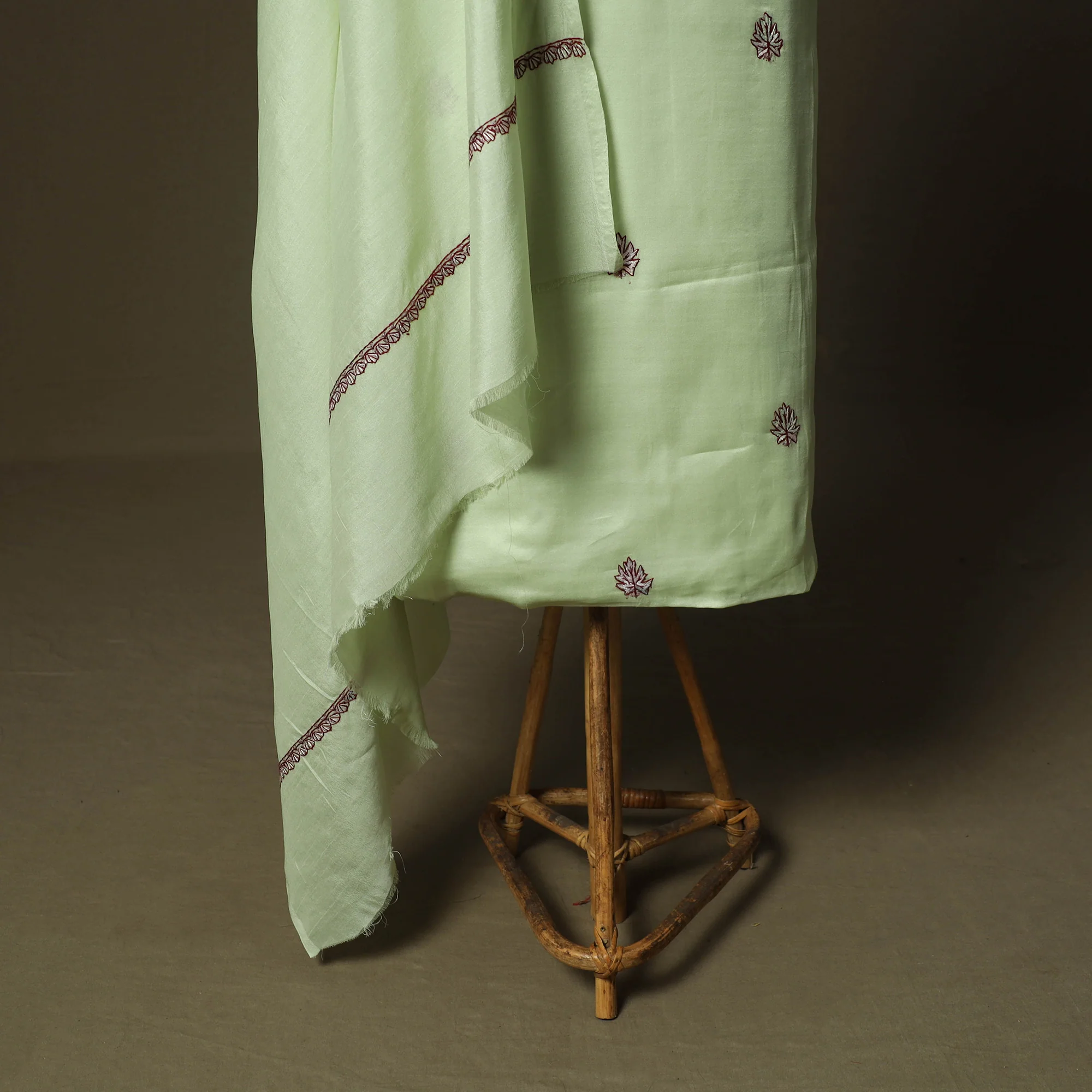 Green - Sozni Hand Embroidery Pure Silk 3pc Unstitched Dress Material Suit Set 31 - Image 5