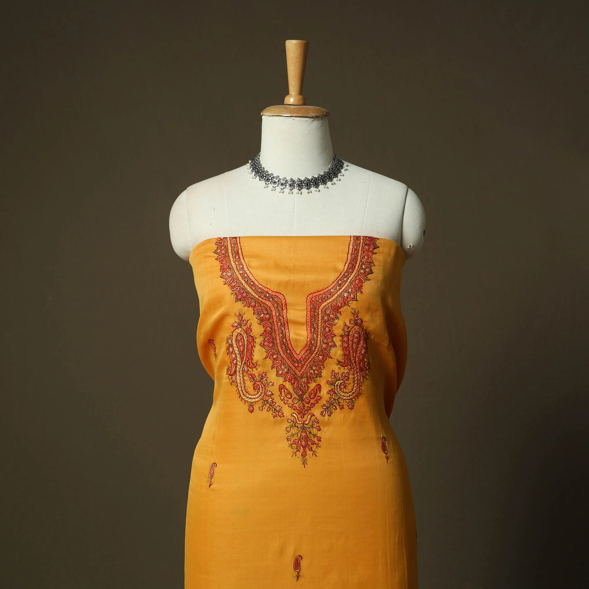 Yellow - Sozni Hand Embroidery Pure Silk 3pc Unstitched Dress Material Suit Set 33 - Image 2
