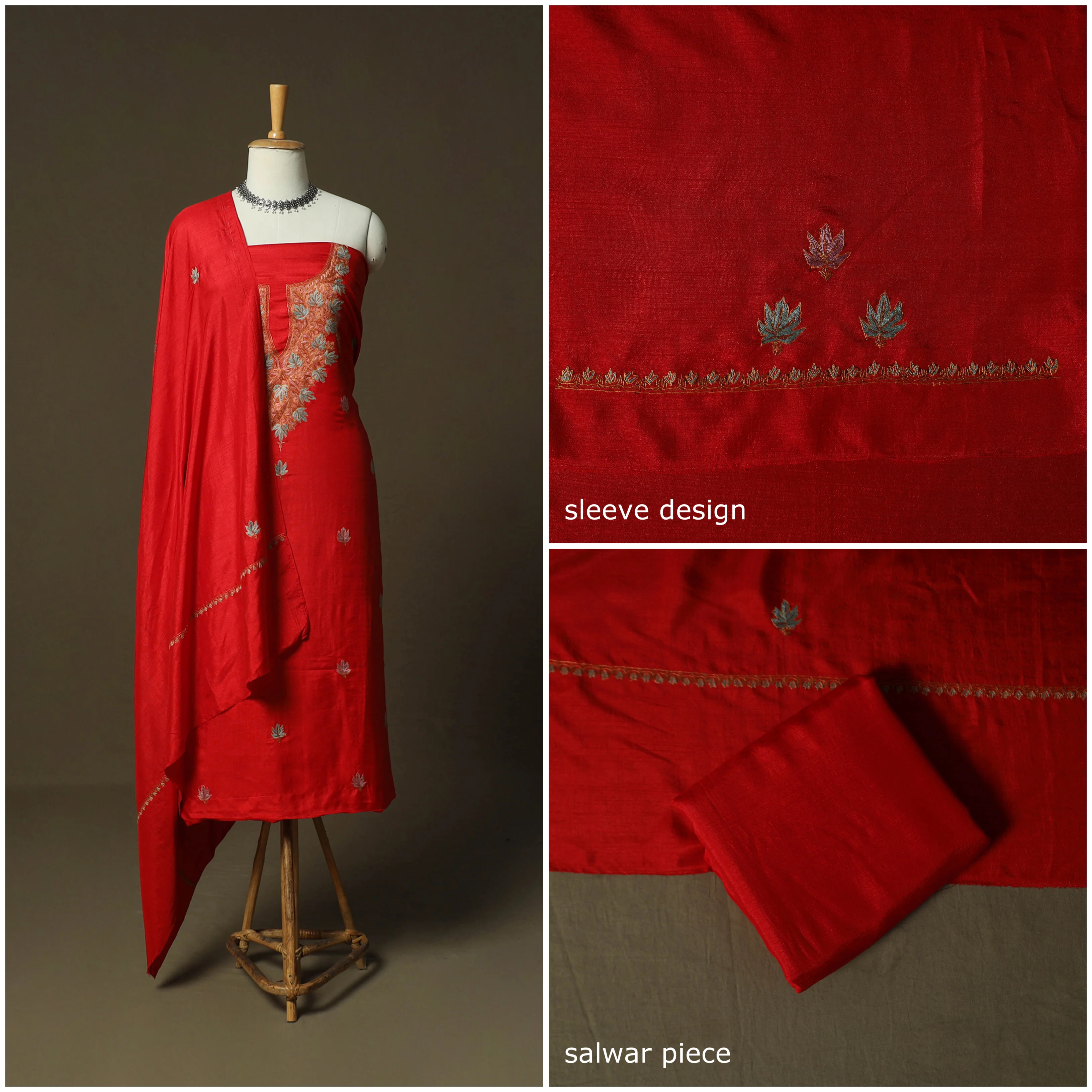 Red - Sozni Hand Embroidery Pure Silk 3pc Unstitched Dress Material Suit Set 36 - Image 3