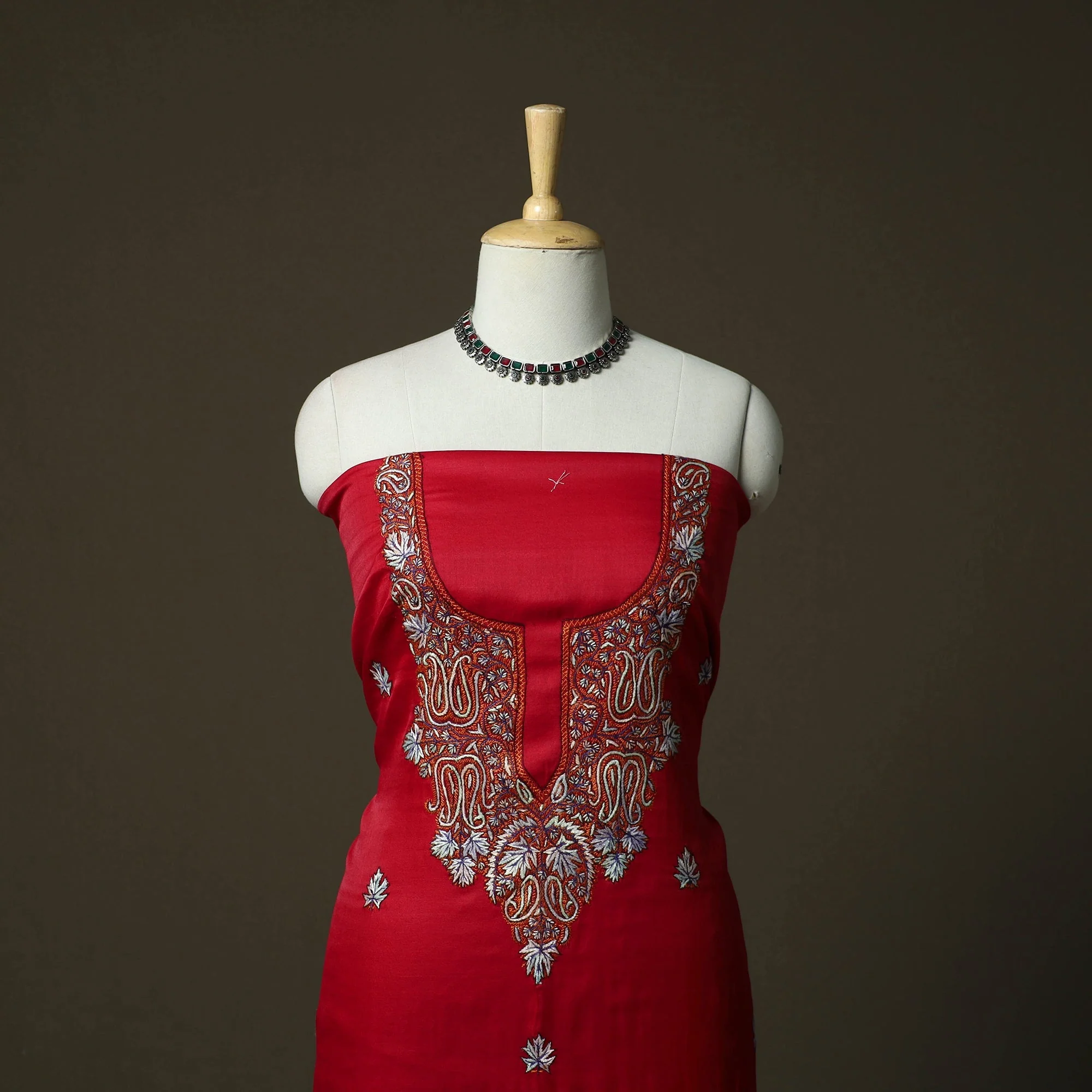 Red - Sozni Hand Embroidery Silk 3pc Unstitched Dress Material 08 - Image 2