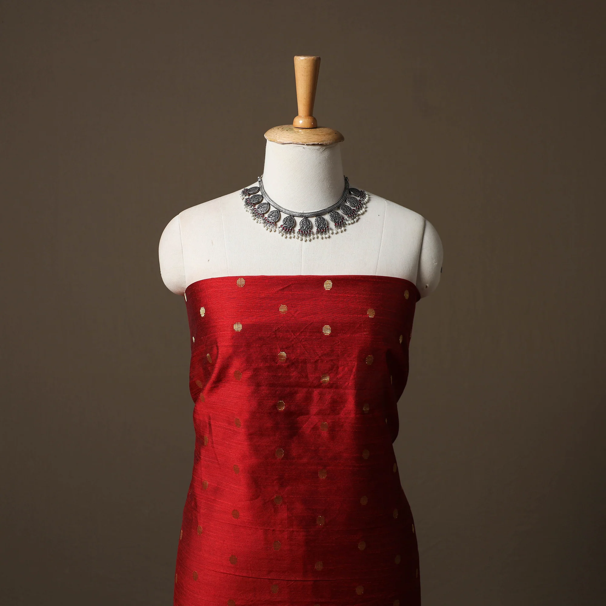 Red - Spun Dupion Viscose Silk Buti 2pc Unstitched Dress Material Kurta Set with Earrings 01 - Image 2