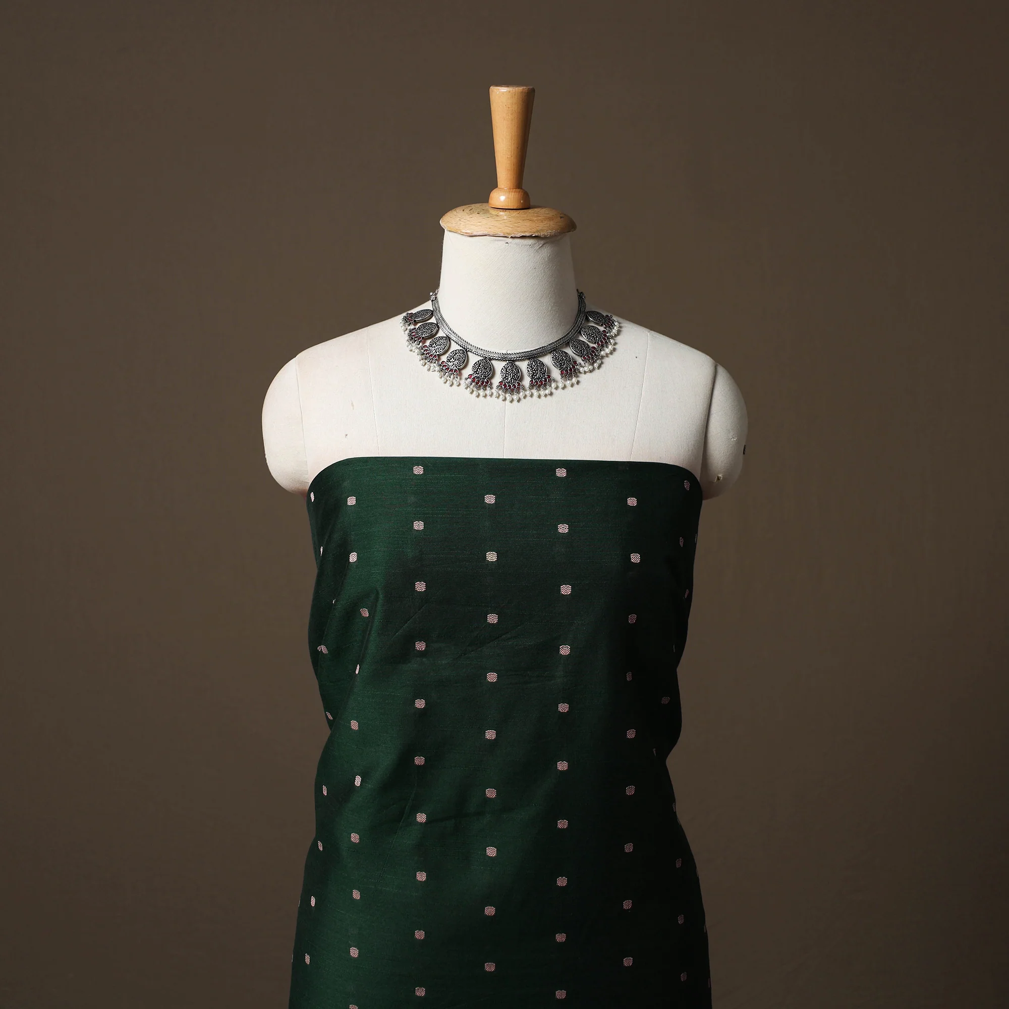 Green - Spun Dupion Viscose Silk Buti 2pc Unstitched Dress Material Kurta Set with Earrings 07 - Image 2