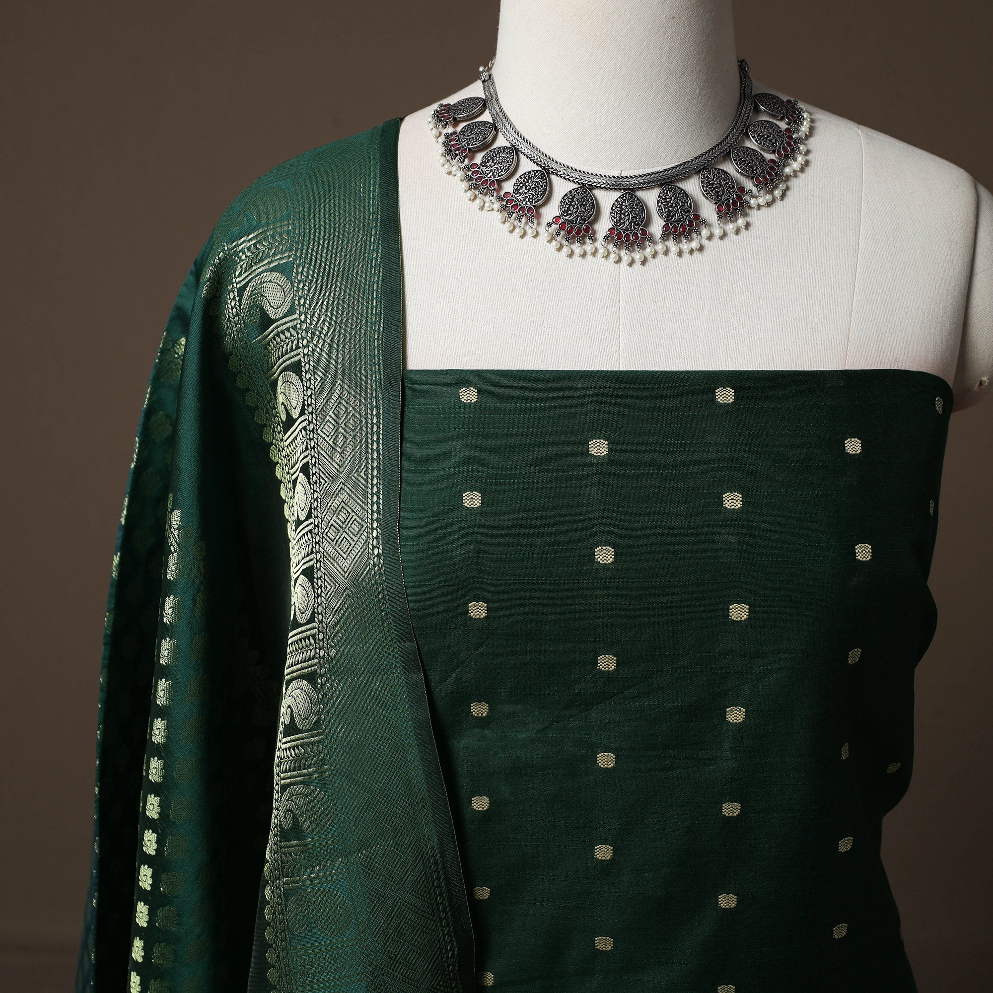 Green - Spun Dupion Viscose Silk Buti 2pc Unstitched Dress Material Kurta Set with Earrings 07 - Image 3