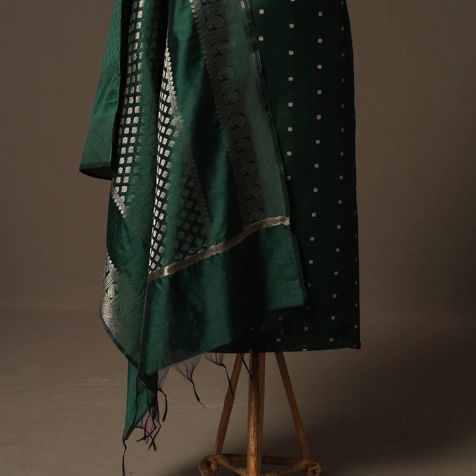 Green - Spun Dupion Viscose Silk Buti 2pc Unstitched Dress Material Kurta Set with Earrings 07 - Image 4